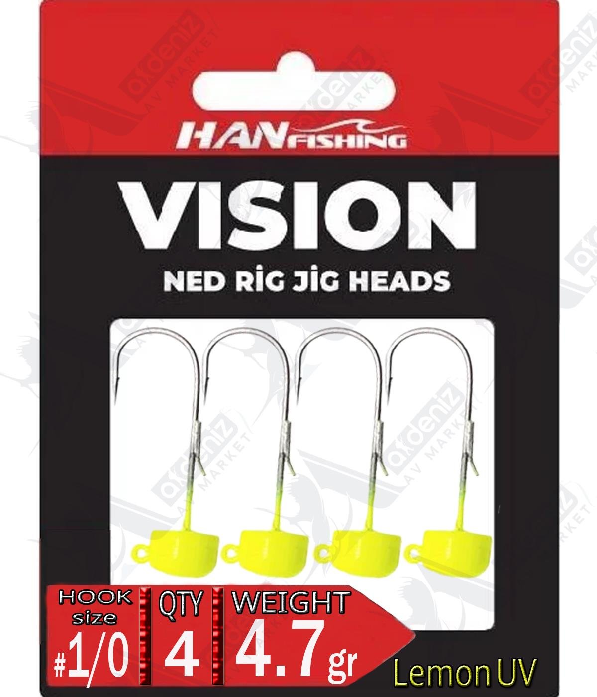 Hanfish Jighead Vision Ned Rig Lemon UV LMJ-10-4,7 Hook Size:1/0 Weight:4.7 Gr (4 Pcs)HAN FİSHİNG