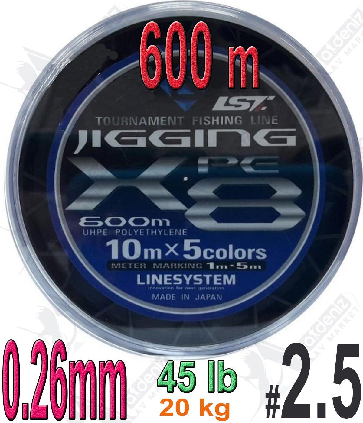 Linesystem Jigging X8 İp Misina PE 2.5 0.26MM 45LB/20KG 600MT Multicolor.LİNESYSTEM