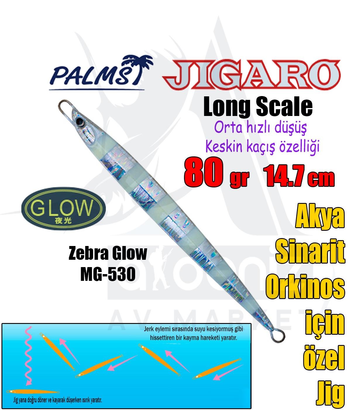 PALMS Jigaro Long Scale 80gr 14.7cm Jig Yem Color: MG-530 Zebra GlowPALMS