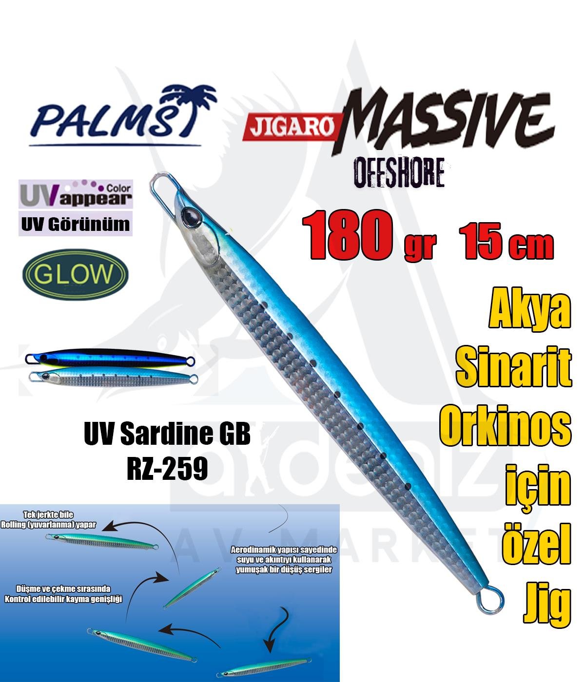 PALMS Jigaro Massive Offshore Spec. 180gr 15cm Jig Yem Color: RZ-259 UV Sardine GBPALMS