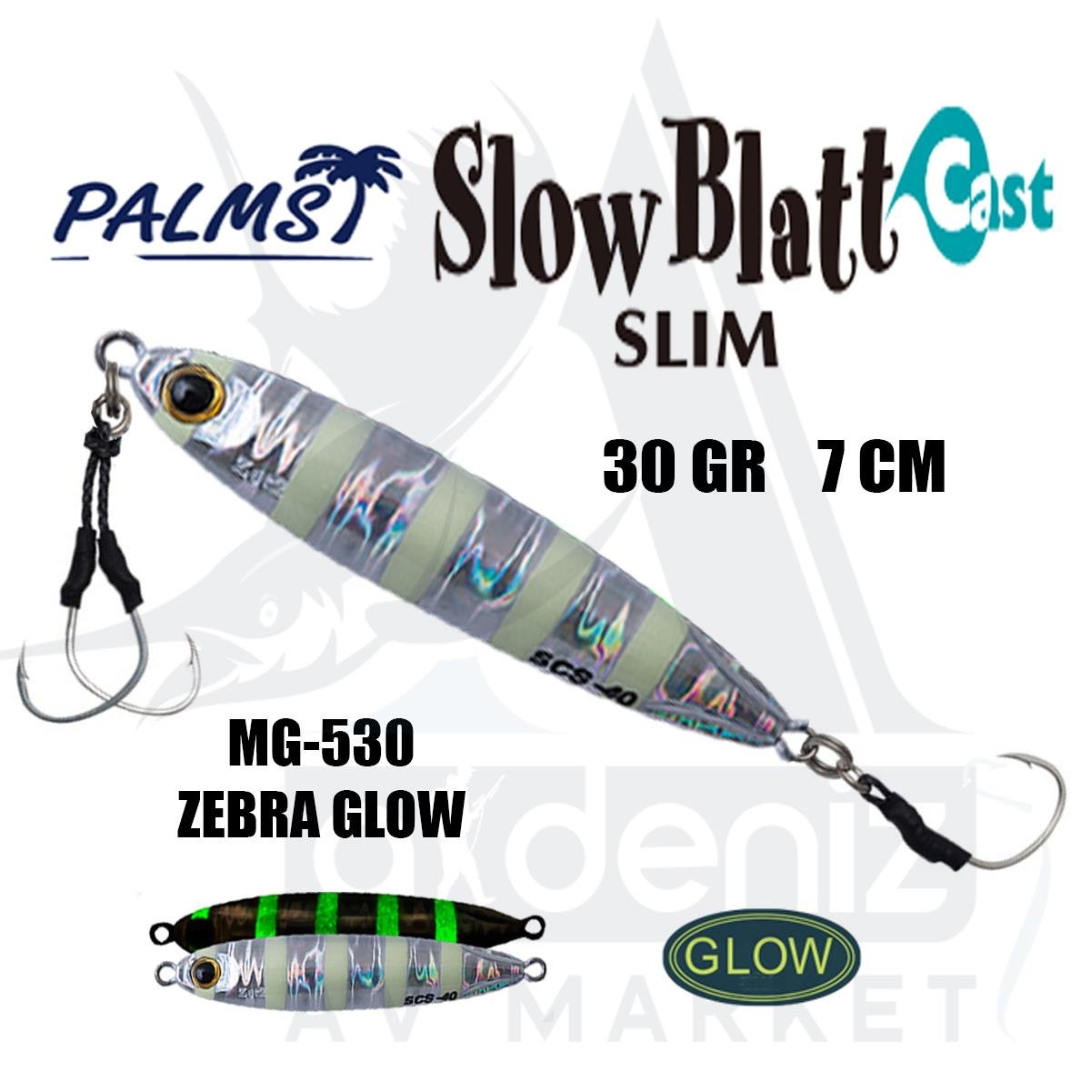 PALMS Zetz Slow Blatt Cast Slim Jig 30gr 7cm Jig Yem Color: MG-530 Zebra GlowPALMS