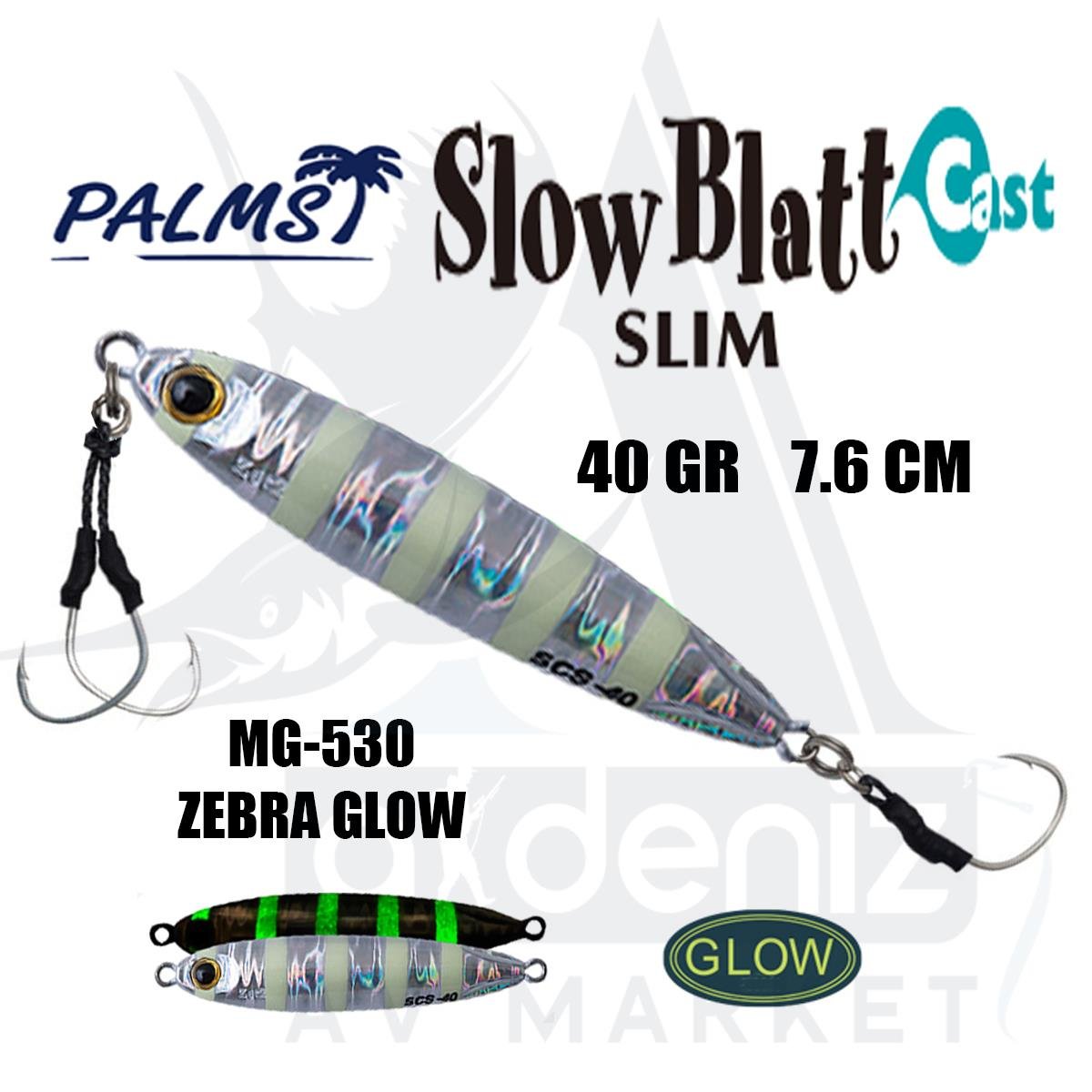 PALMS Zetz Slow Blatt Cast Slim Jig 40gr 7.6cm Jig Yem Color: MG-530 Zebra GlowPALMS
