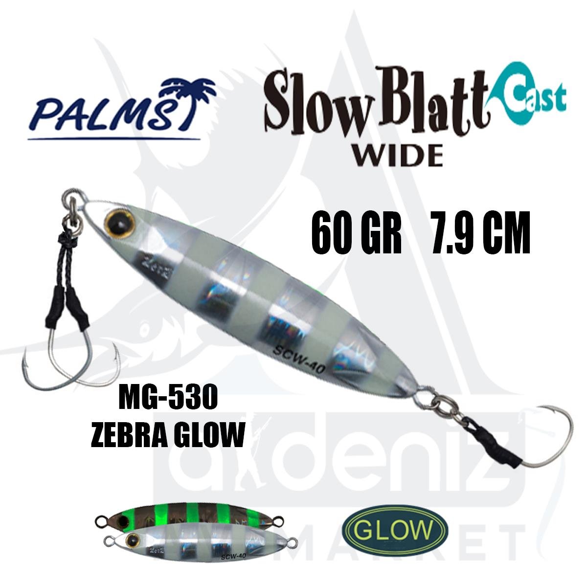 PALMS Zetz Slow Blatt Cast Wide Jig 60gr 7.9cm Jig Yem Color: MG-530 Zebra GlowPALMS