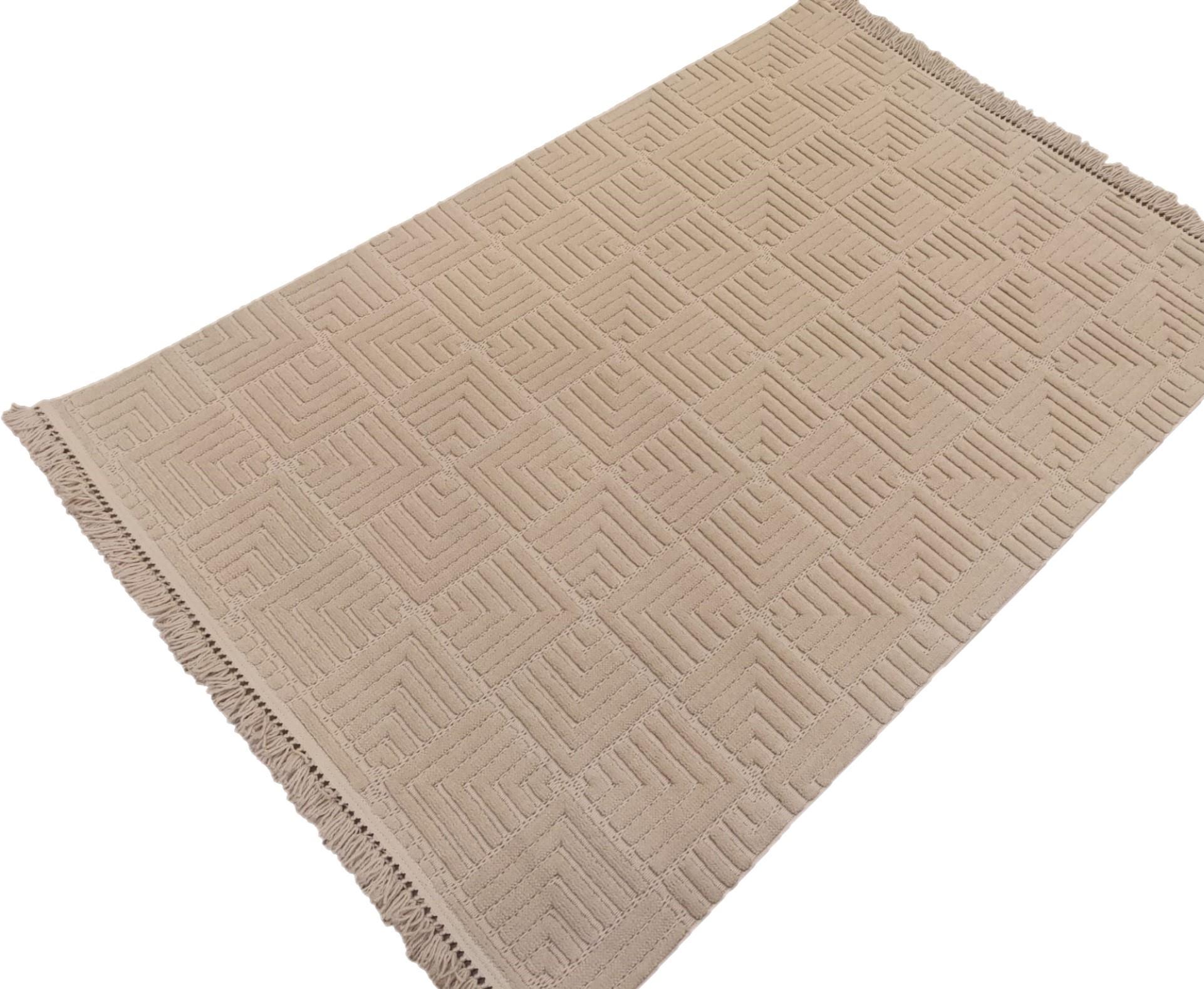 Dizayn 1062 Geometrik Kare Desenli Spor Saçaklı Bej Renk Modern Halı