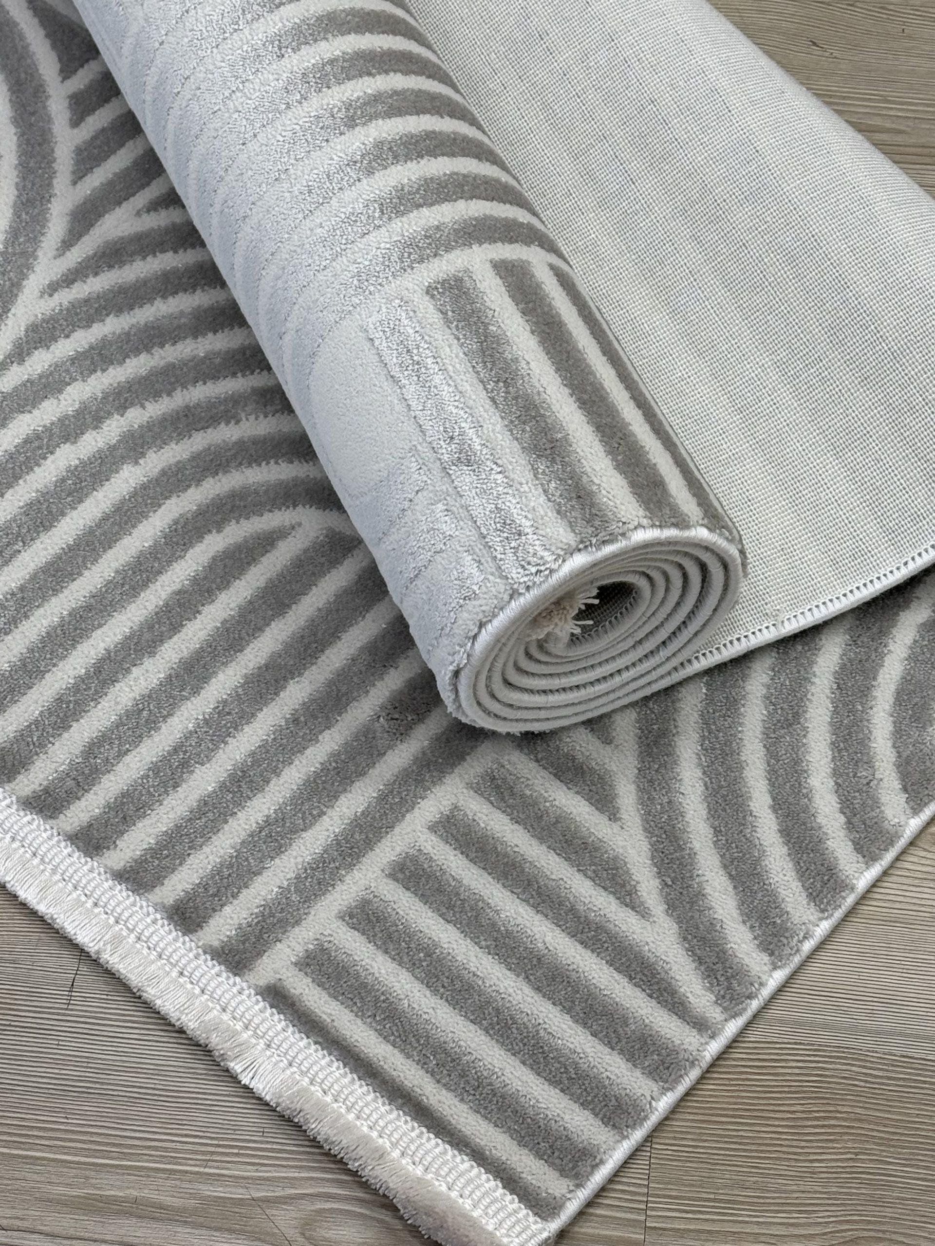 Moda 1131 Gri Renk Geometrik Çizgili Toz Vermeyen Doğal Pamuk Tabanlı Modern Halı