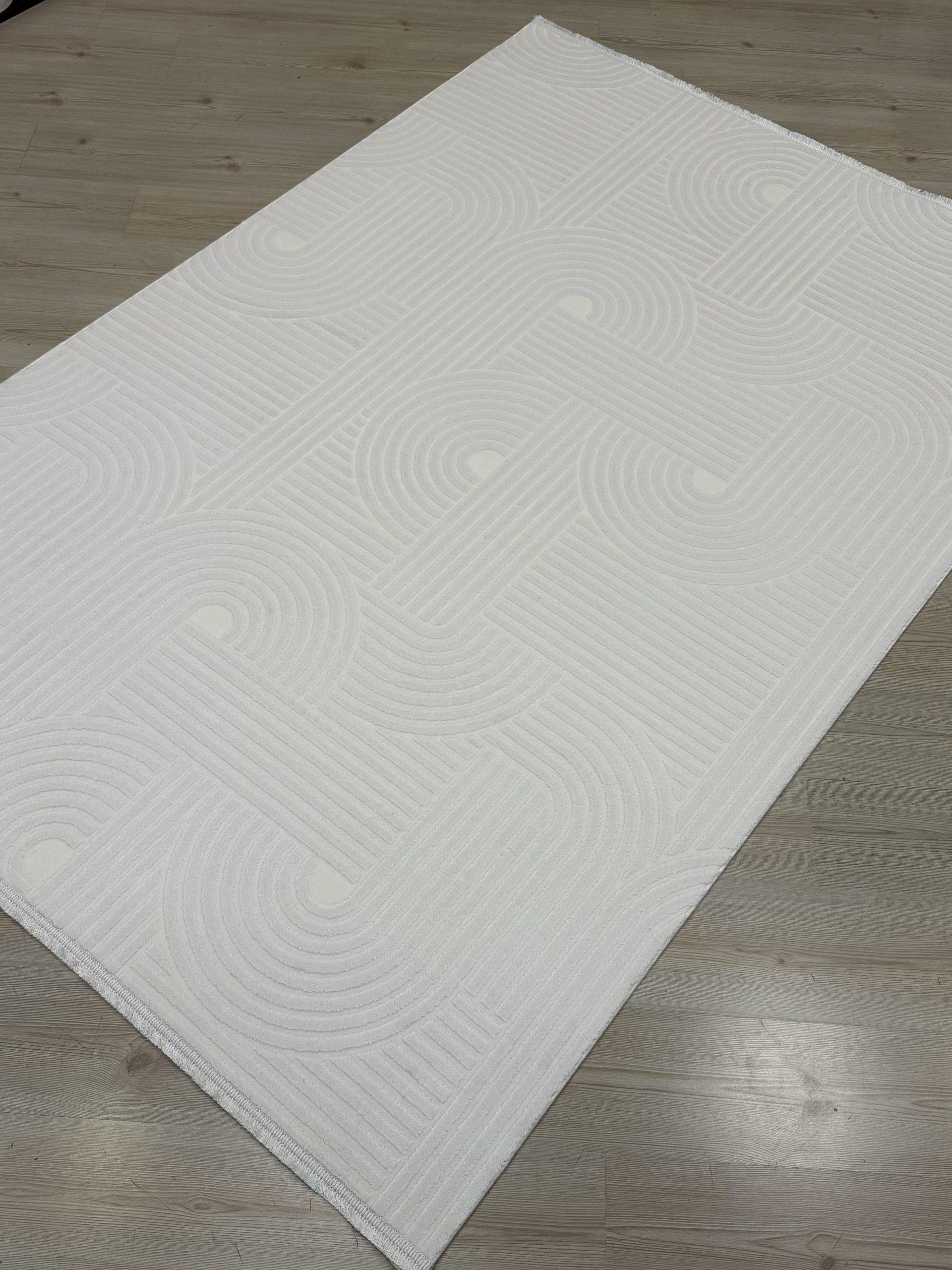 Moda 1131 Krem Renk Geometrik Çizgili Toz Vermeyen Doğal Pamuk Tabanlı Modern Halı