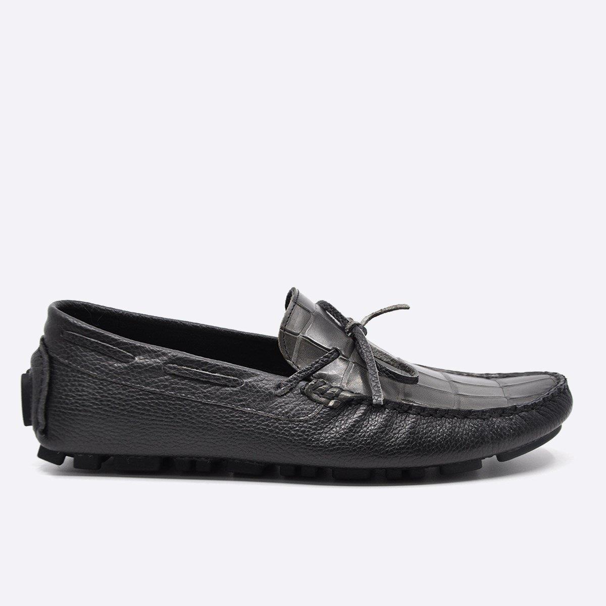 Fosco Hakiki Deri Gri Kroko Yazlık Loafer Erkek Ayakkabı 9845