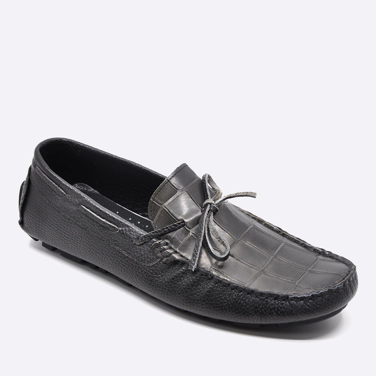 Fosco Hakiki Deri Gri Kroko Yazlık Loafer Erkek Ayakkabı 9845