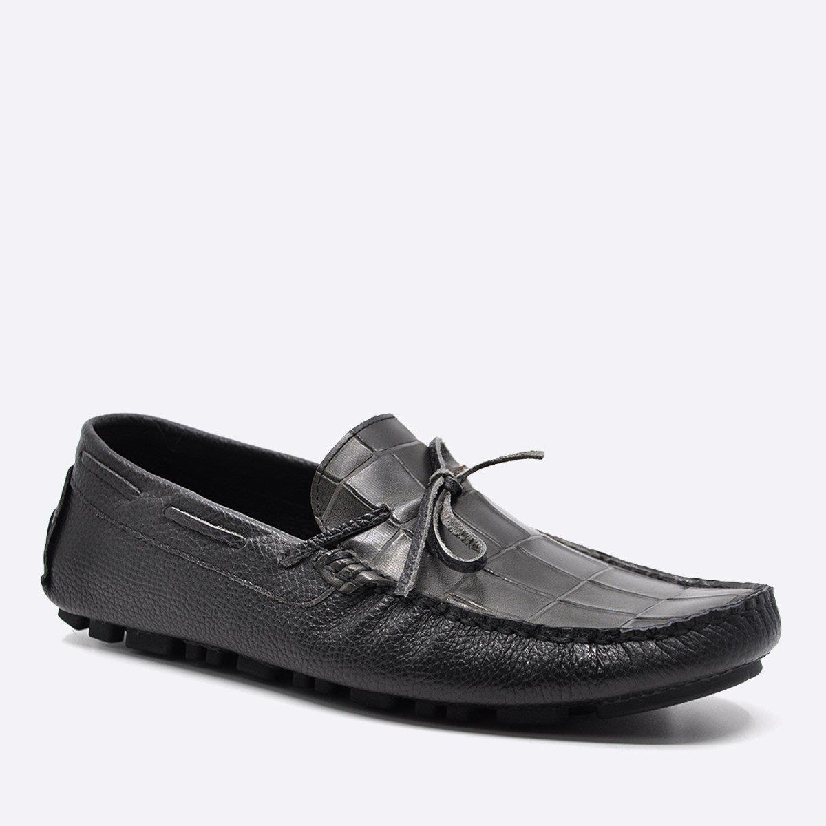 Fosco Hakiki Deri Gri Kroko Yazlık Loafer Erkek Ayakkabı 9845