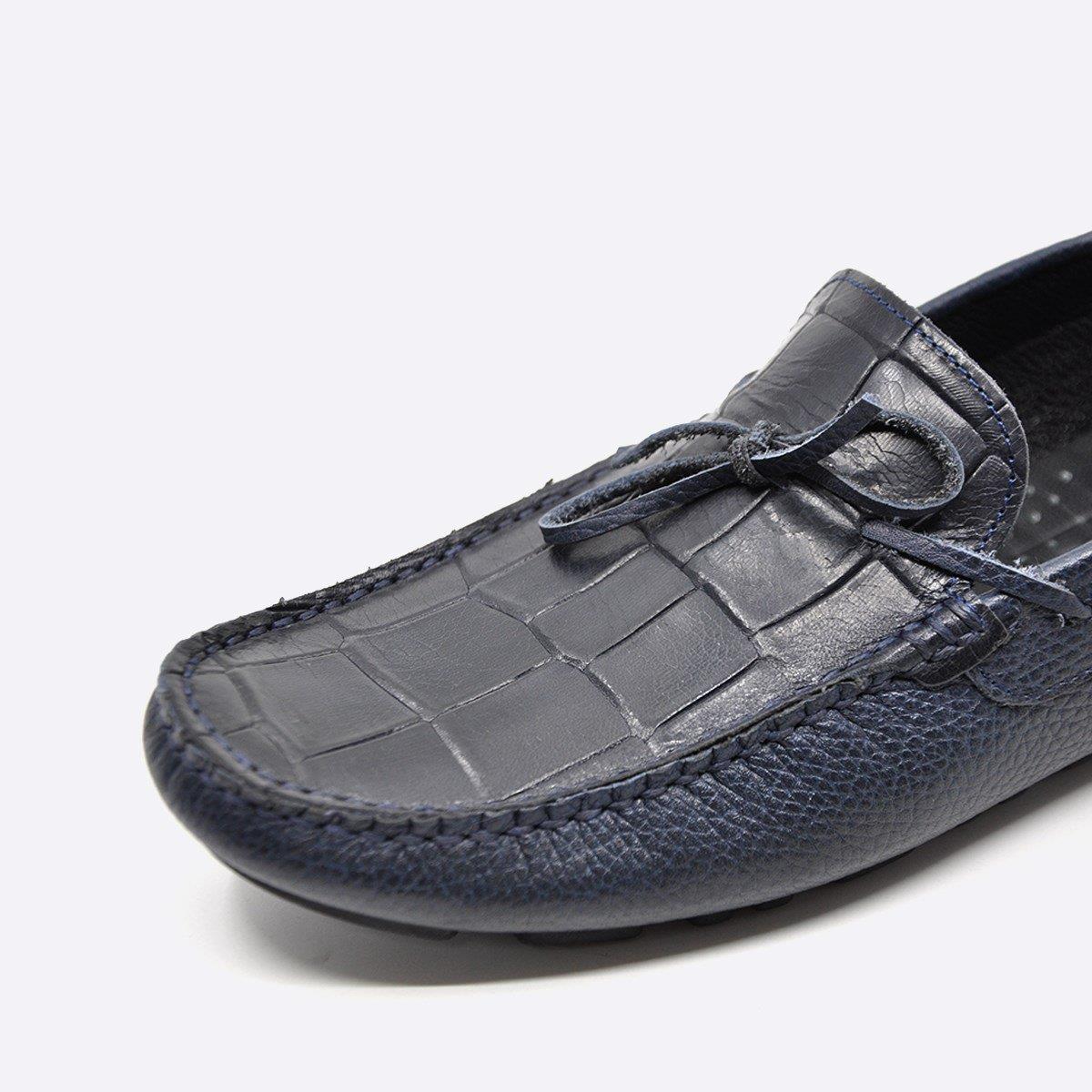 Fosco Hakiki Deri Lacivert Kroko Yazlık Loafer Erkek Ayakkabı 9845