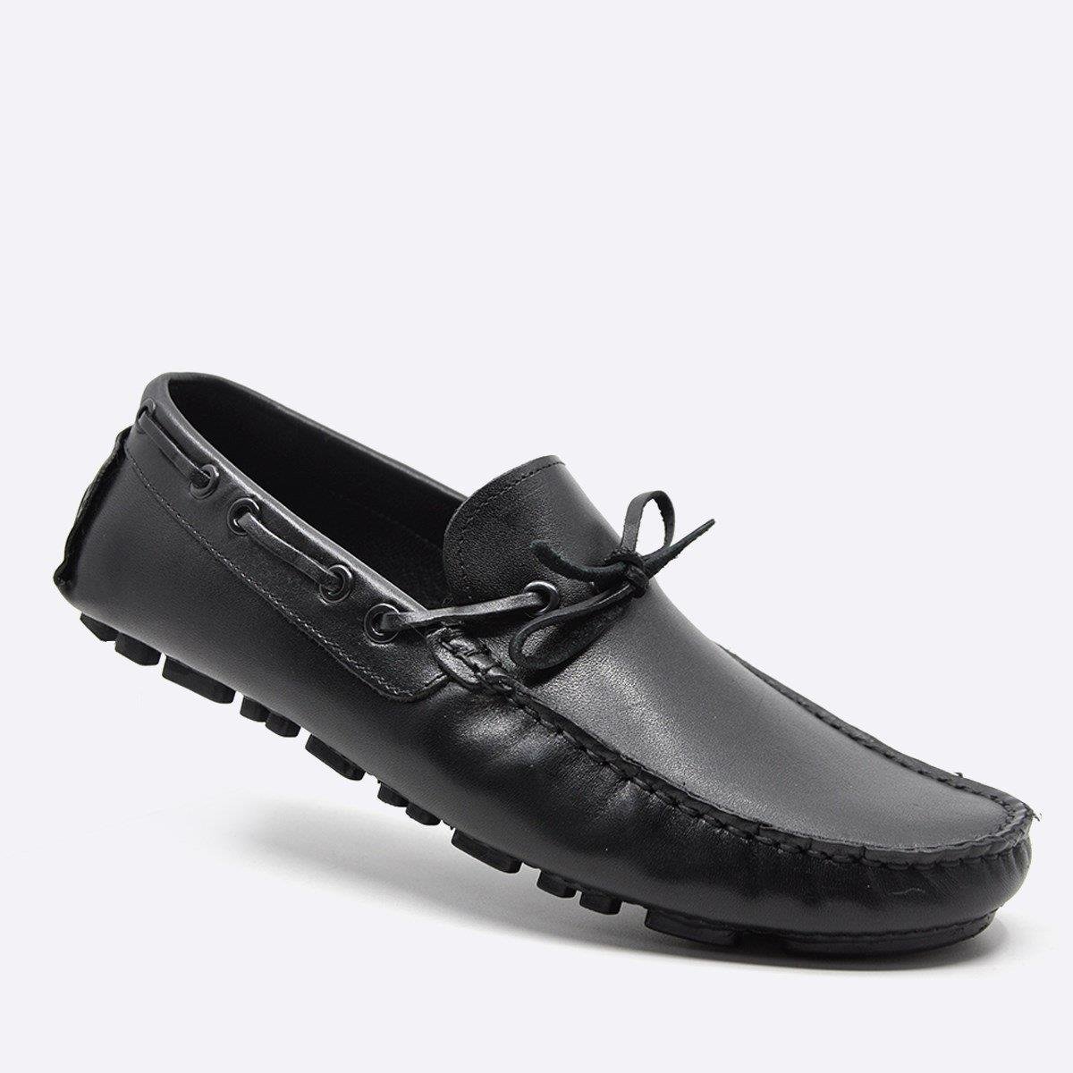 Fosco Hakiki Deri Siyah Eskitme Loafer Yazlık Ayakkabı 9845