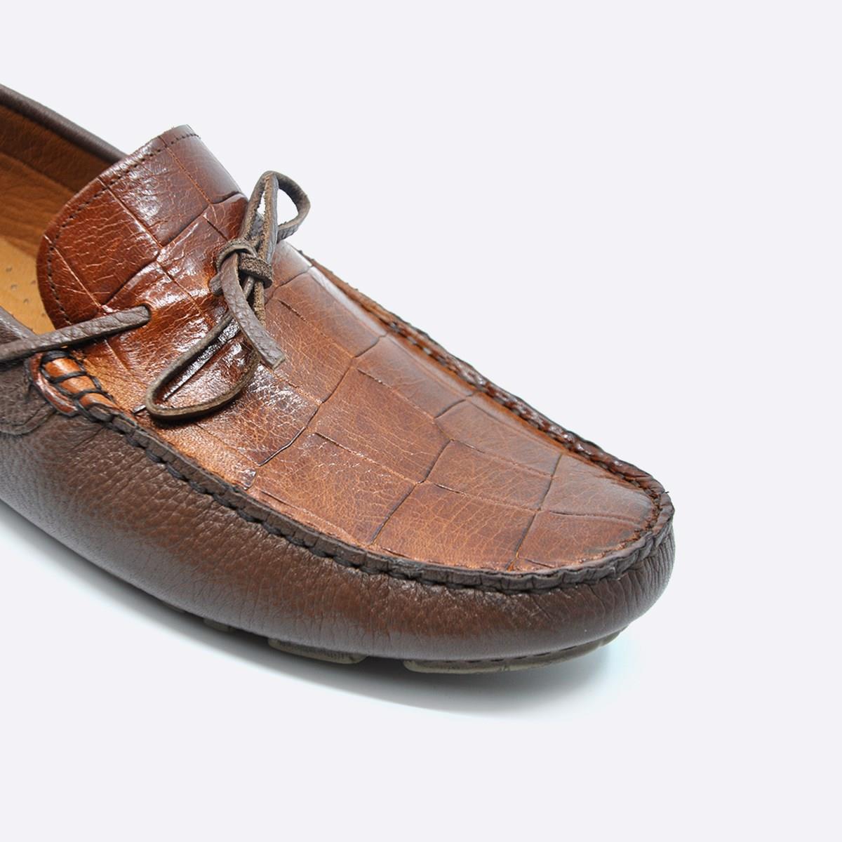 Fosco Hakiki Deri Taba Kroko Yazlık Loafer Erkek Ayakkabı 9845