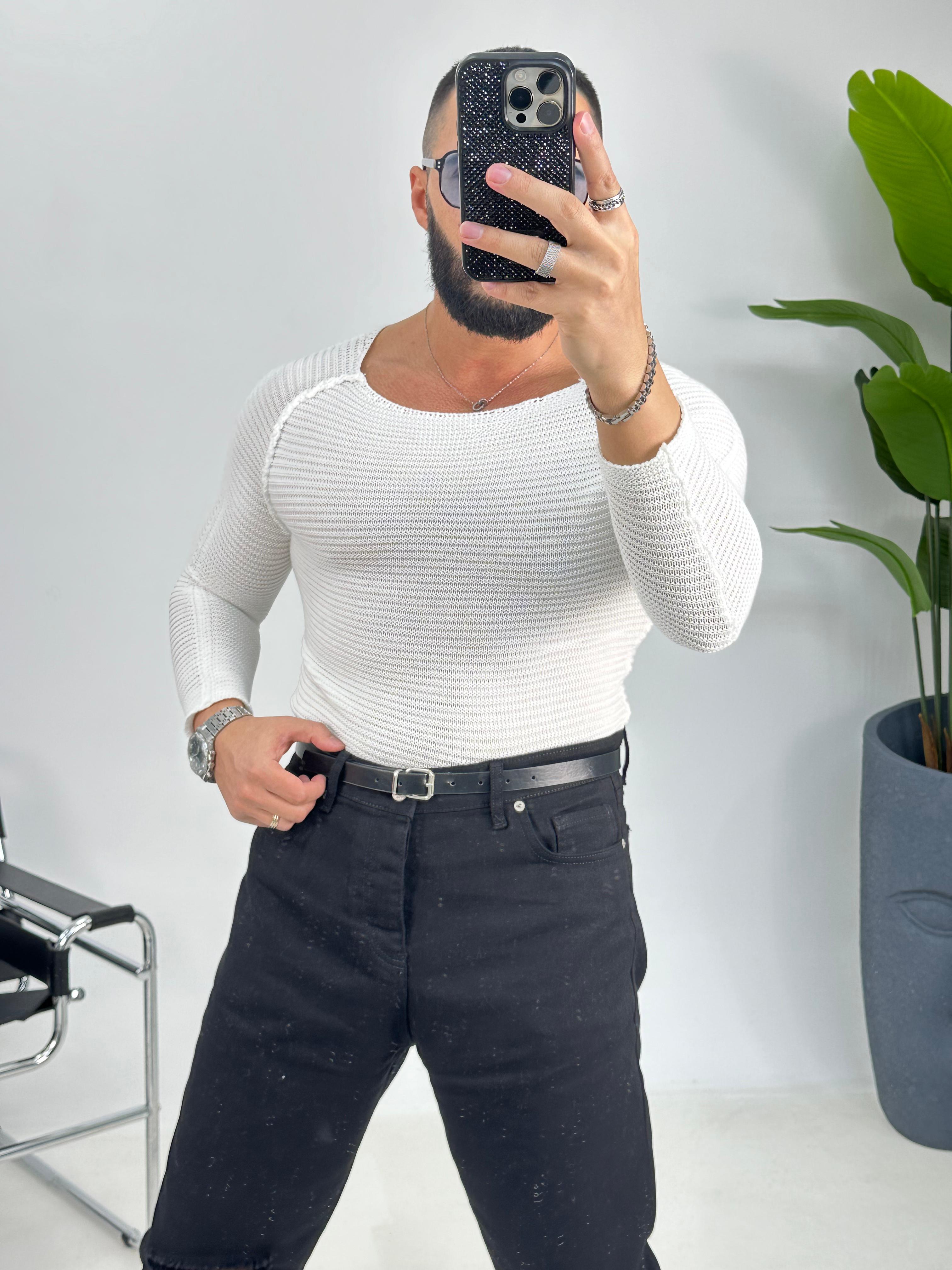 Beyaz Slimfit Örme Kazak