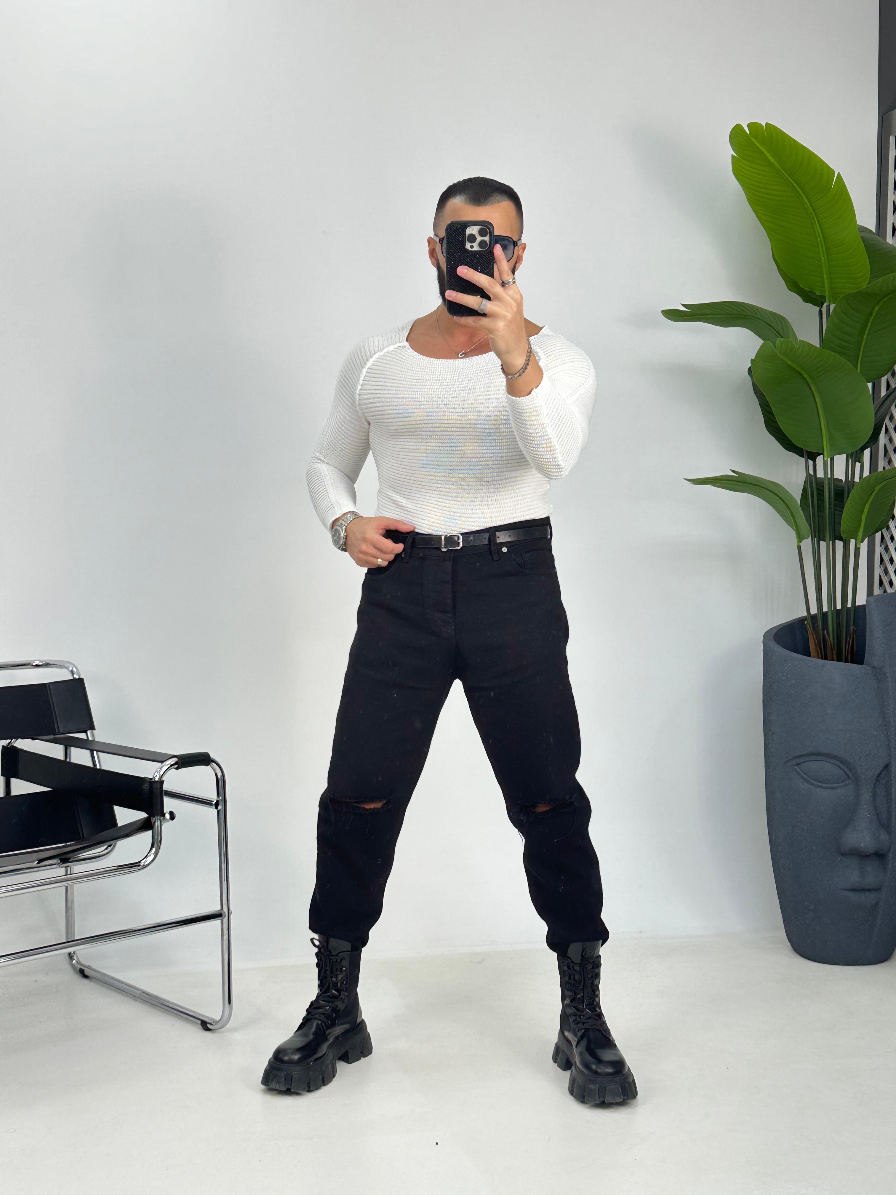 Beyaz Slimfit Örme Kazak