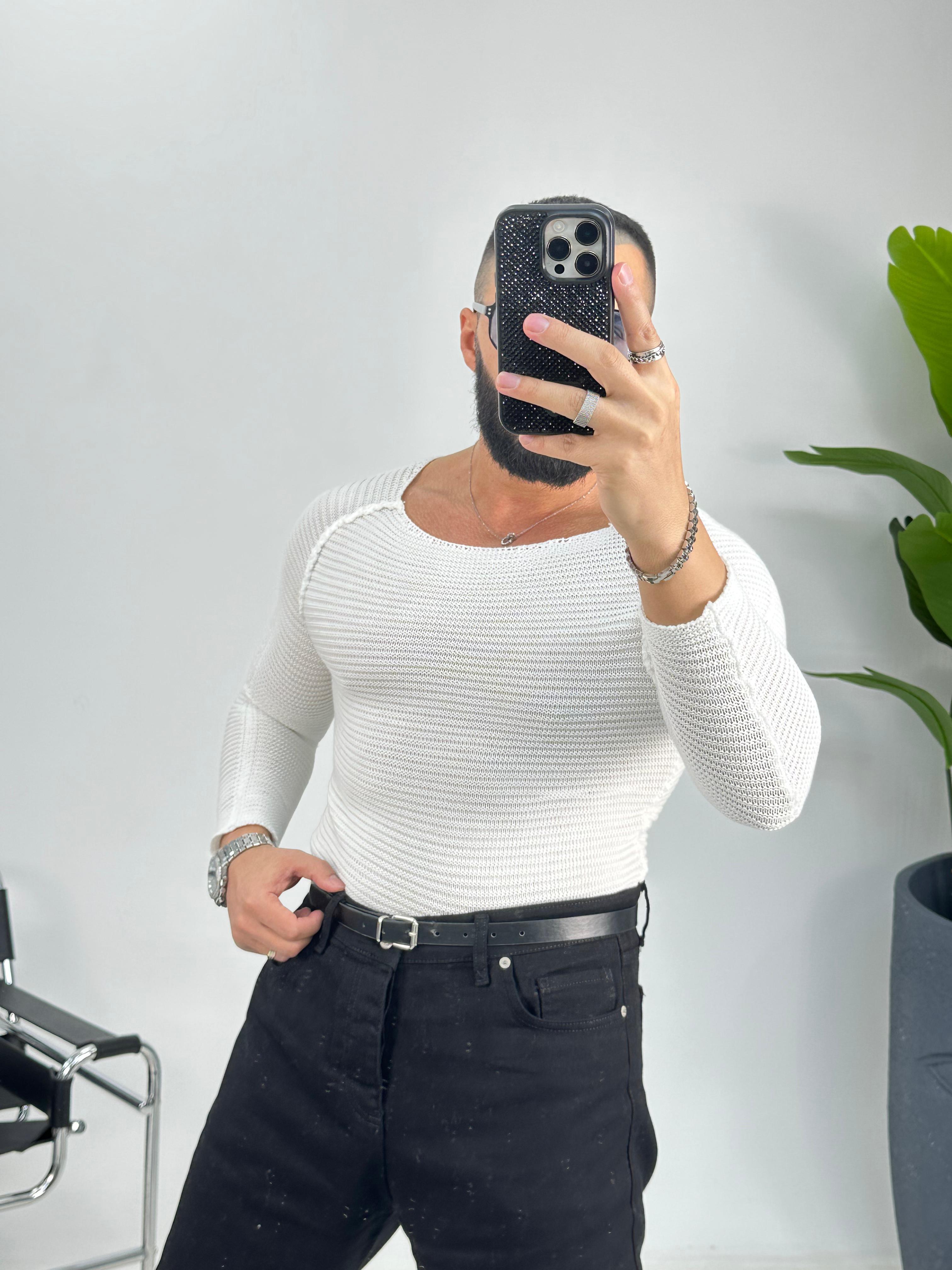 Beyaz Slimfit Örme Kazak