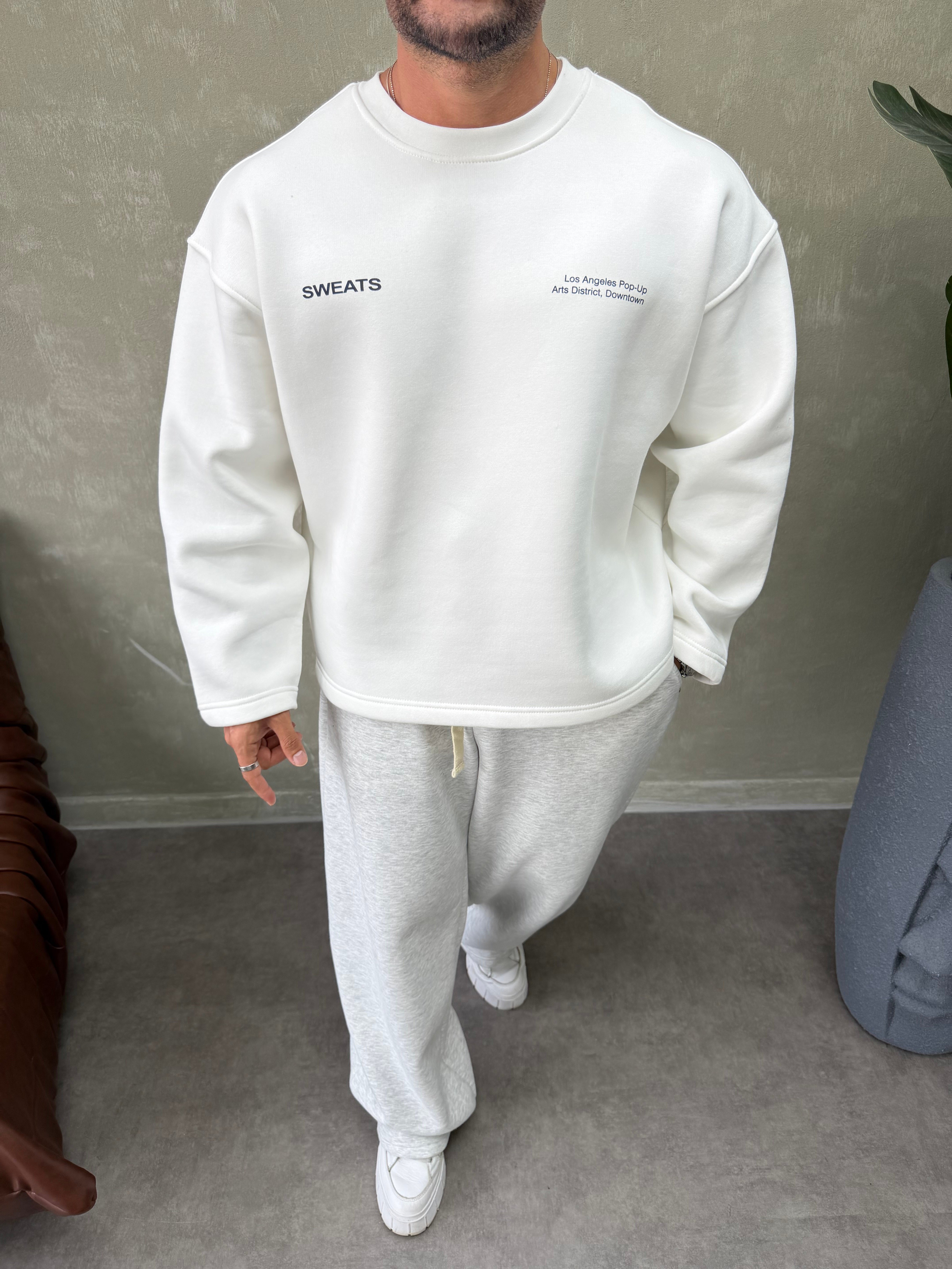 BOXY KALIP OVERSIZE SIRT BASKILI SWEAT BEYAZ