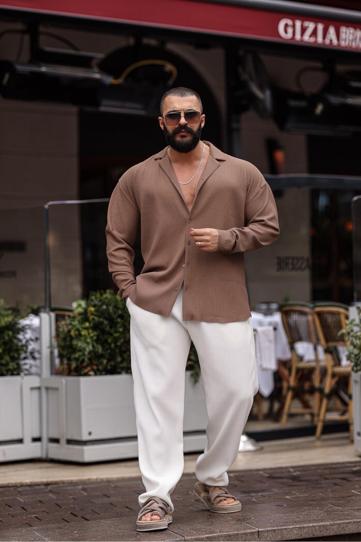 FİTİLLİ OVERSİZE GÖMLEK BEJ