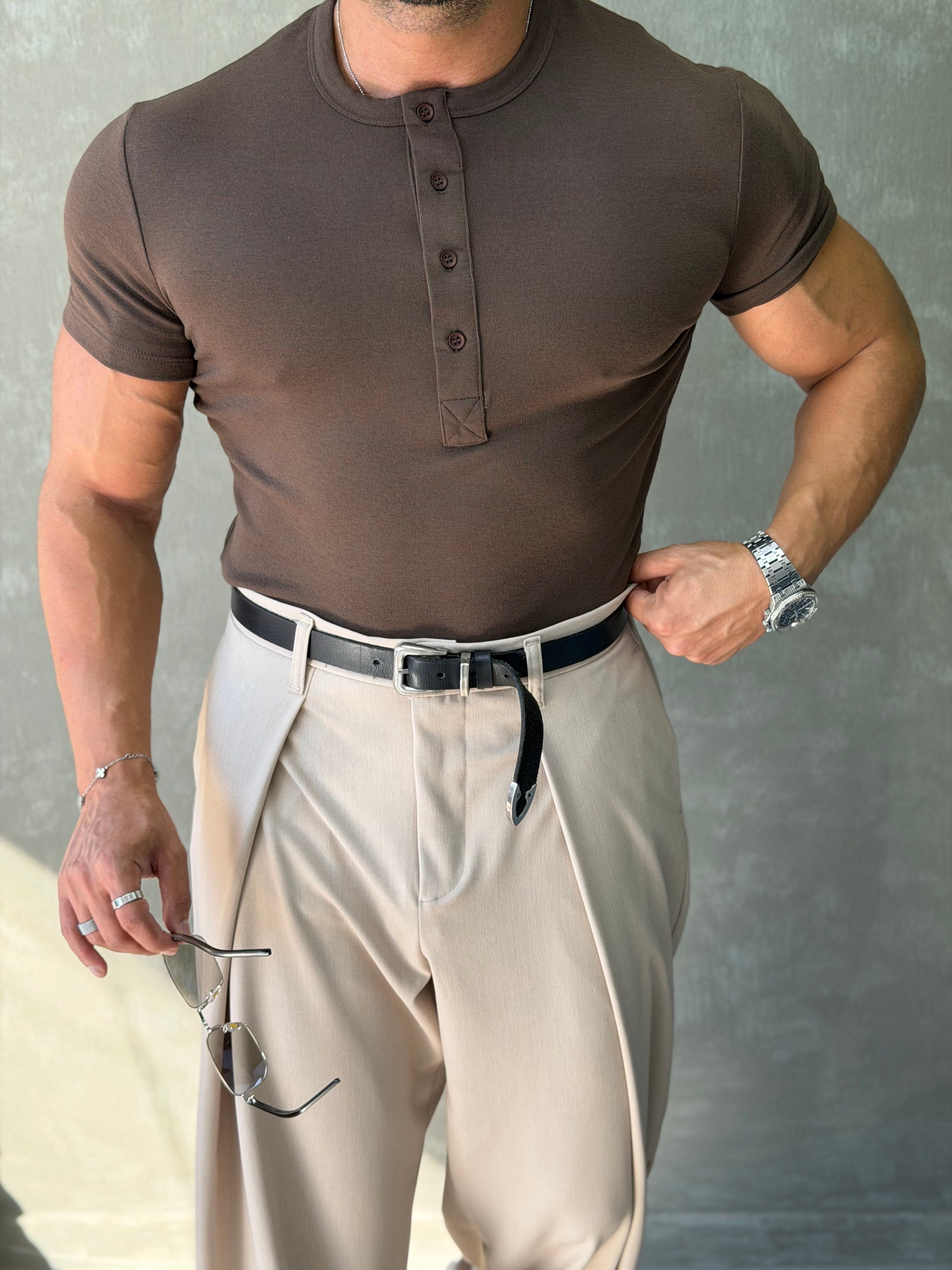 HENLEY YAKA DÜĞMELİ  SLİMFİT T-SHİRT GRİ