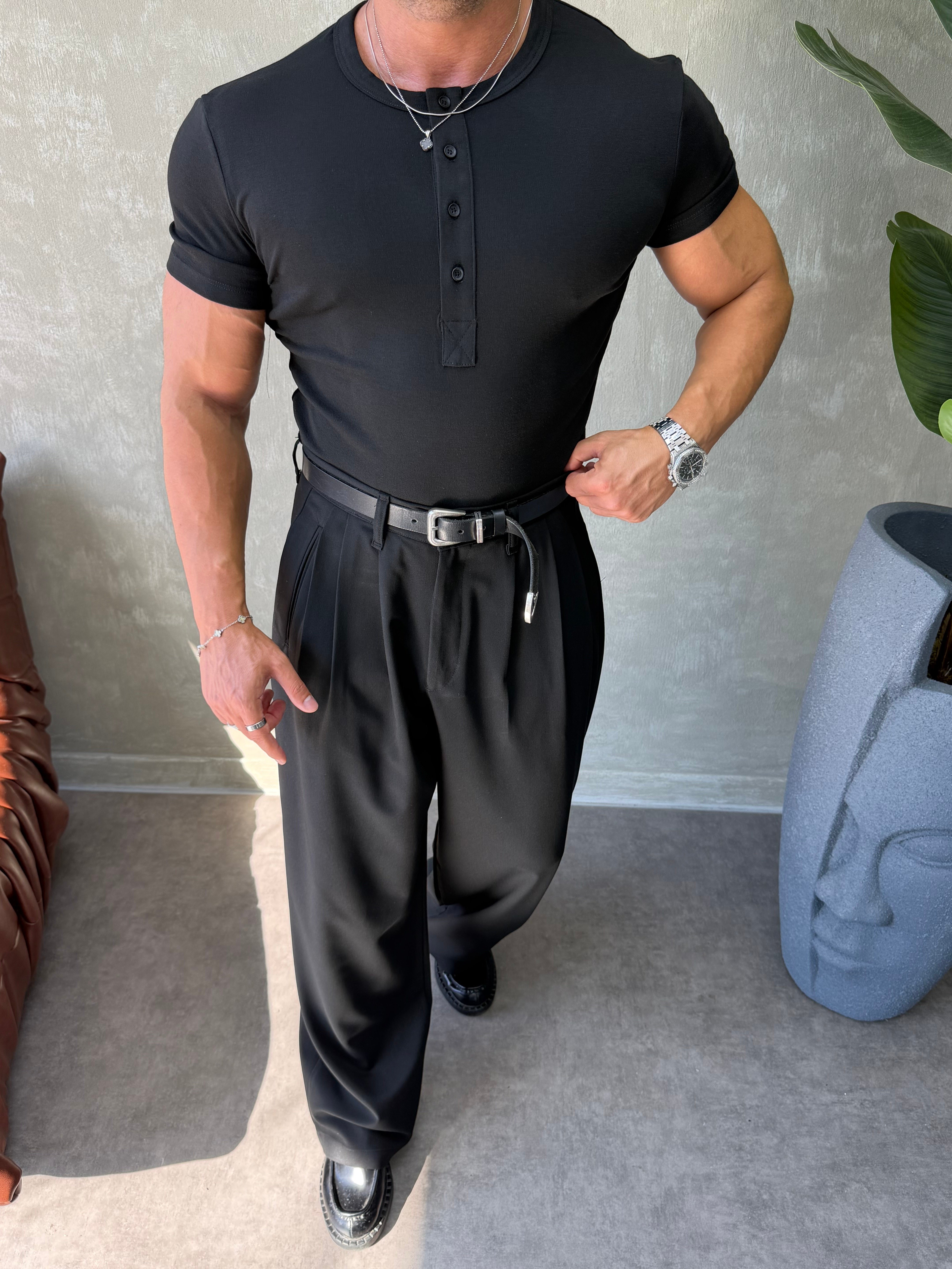 HENLEY YAKA DÜĞMELİ  SLİMFİT T-SHİRT SİYAH