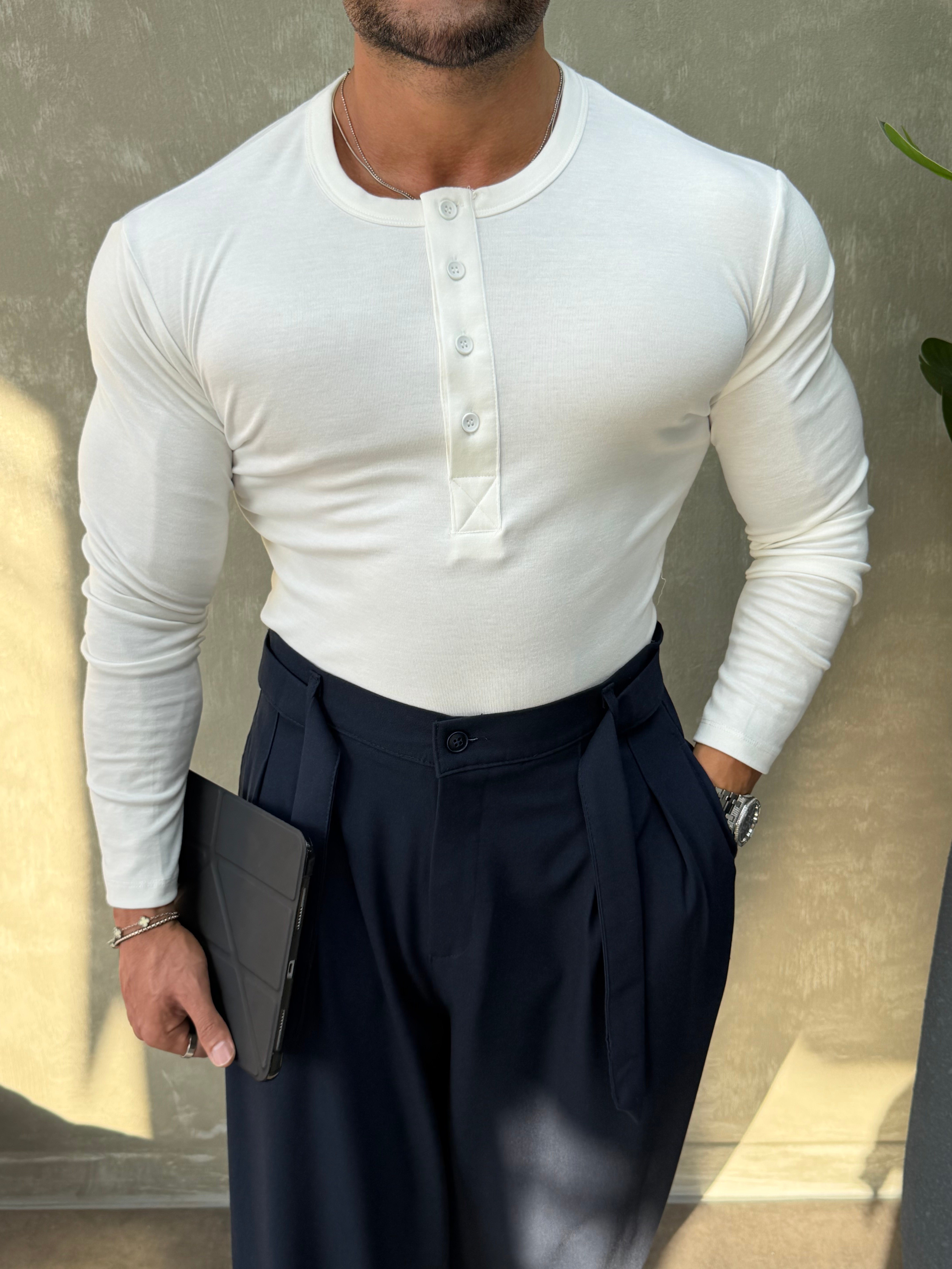 HENLEY YAKA UZUN KOLLU T-SHİRT BEYAZ