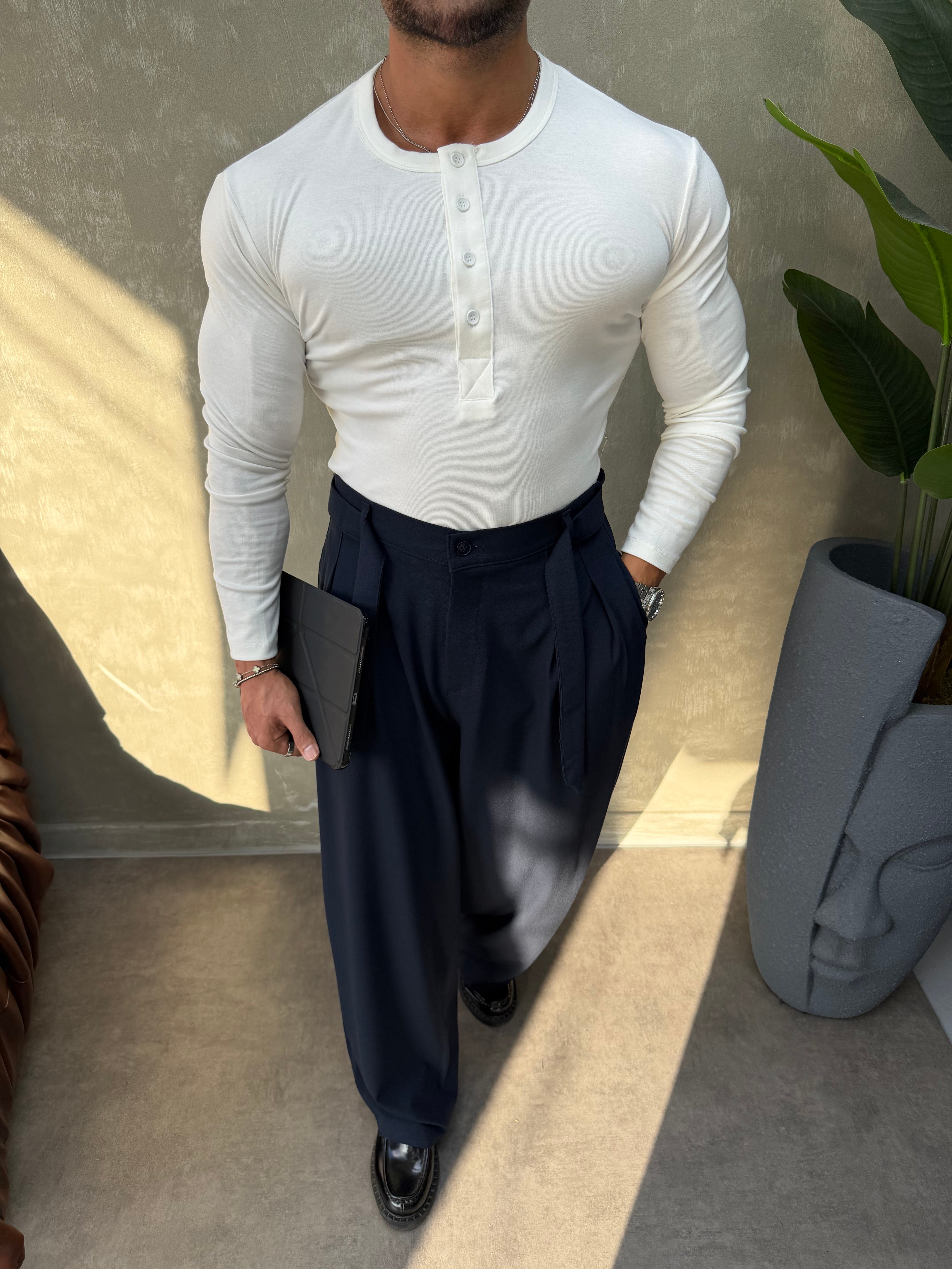 HENLEY YAKA UZUN KOLLU T-SHİRT BEYAZ
