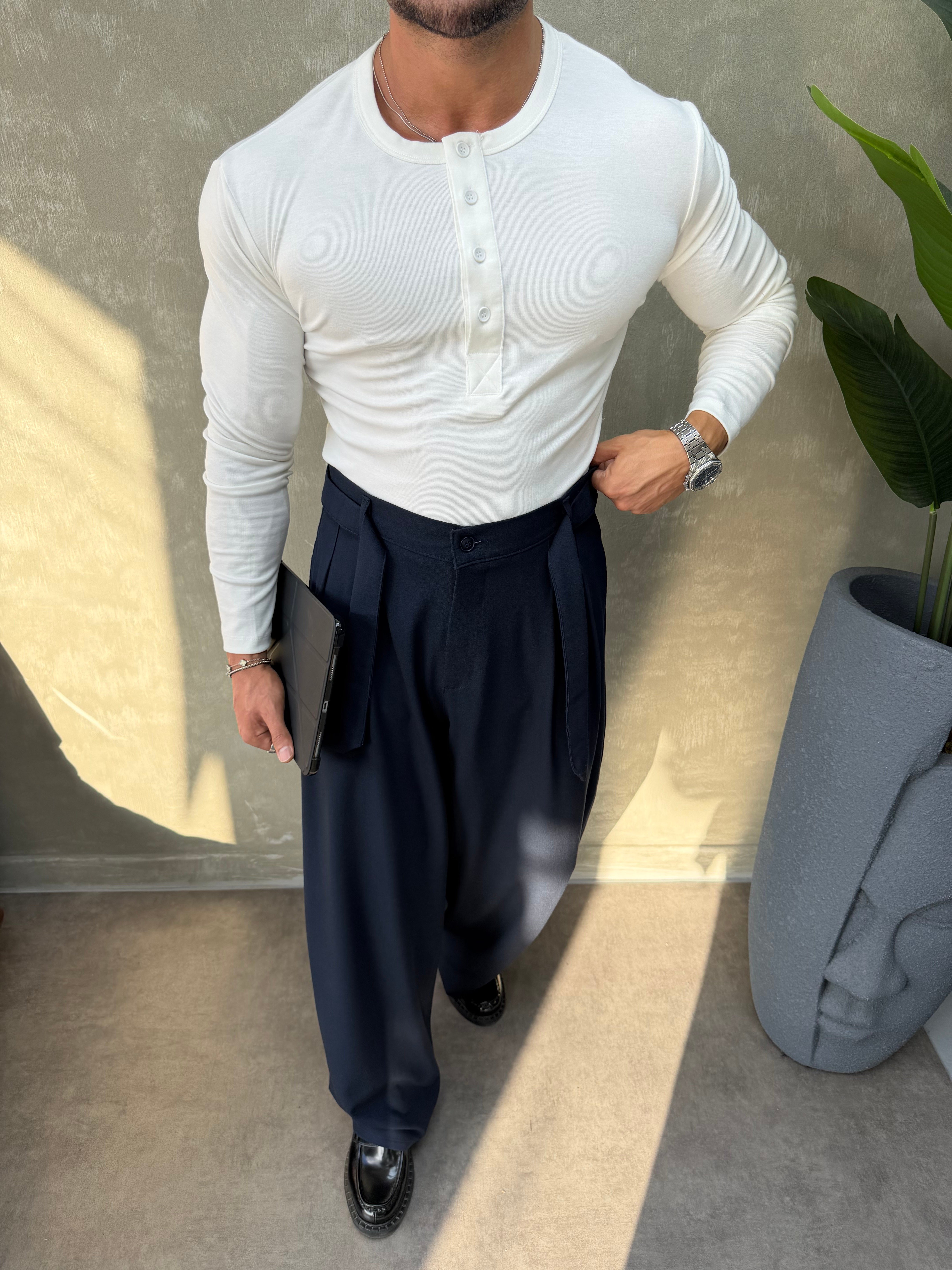 HENLEY YAKA UZUN KOLLU T-SHİRT BEYAZ