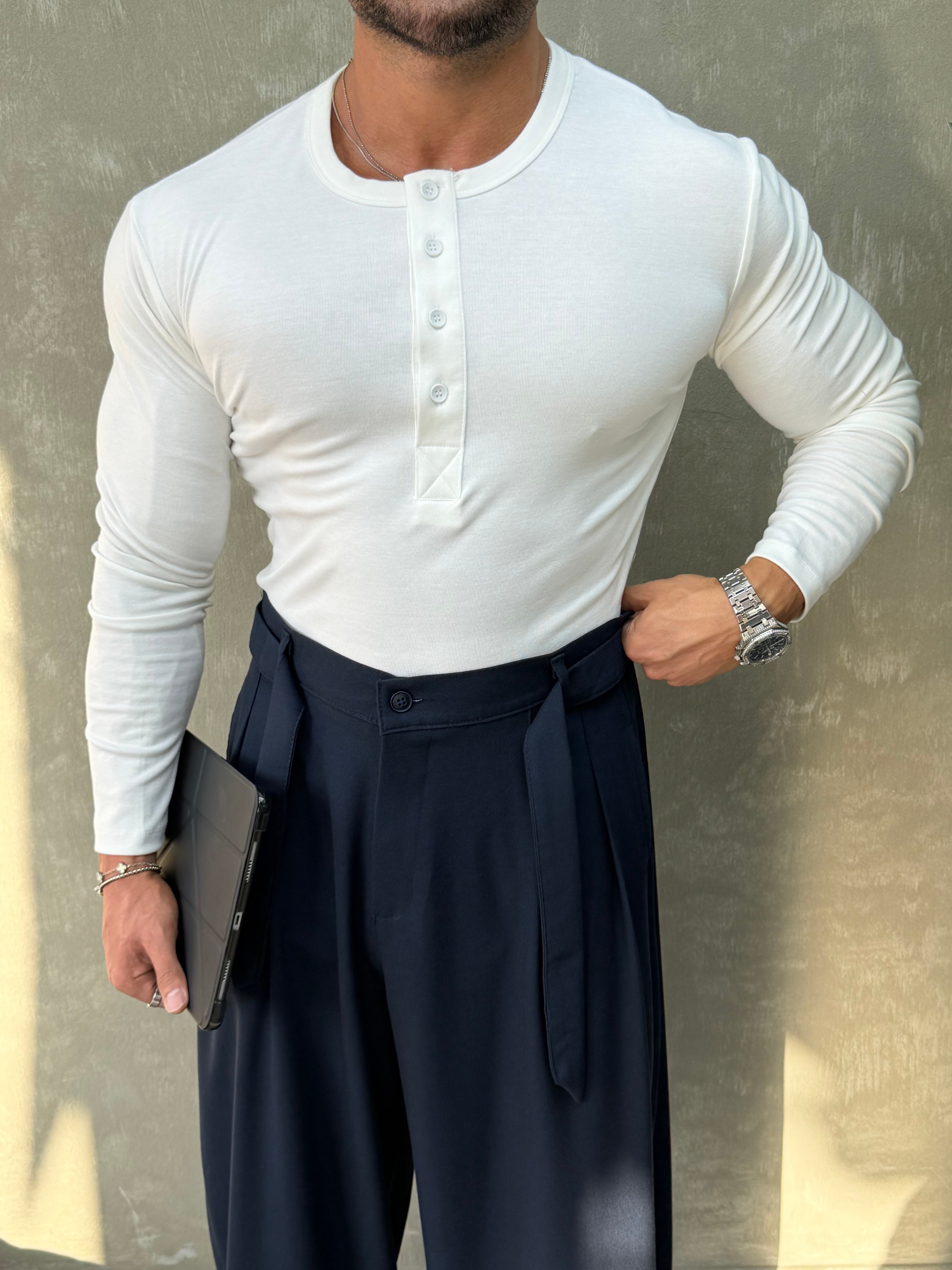 HENLEY YAKA UZUN KOLLU T-SHİRT BEYAZ