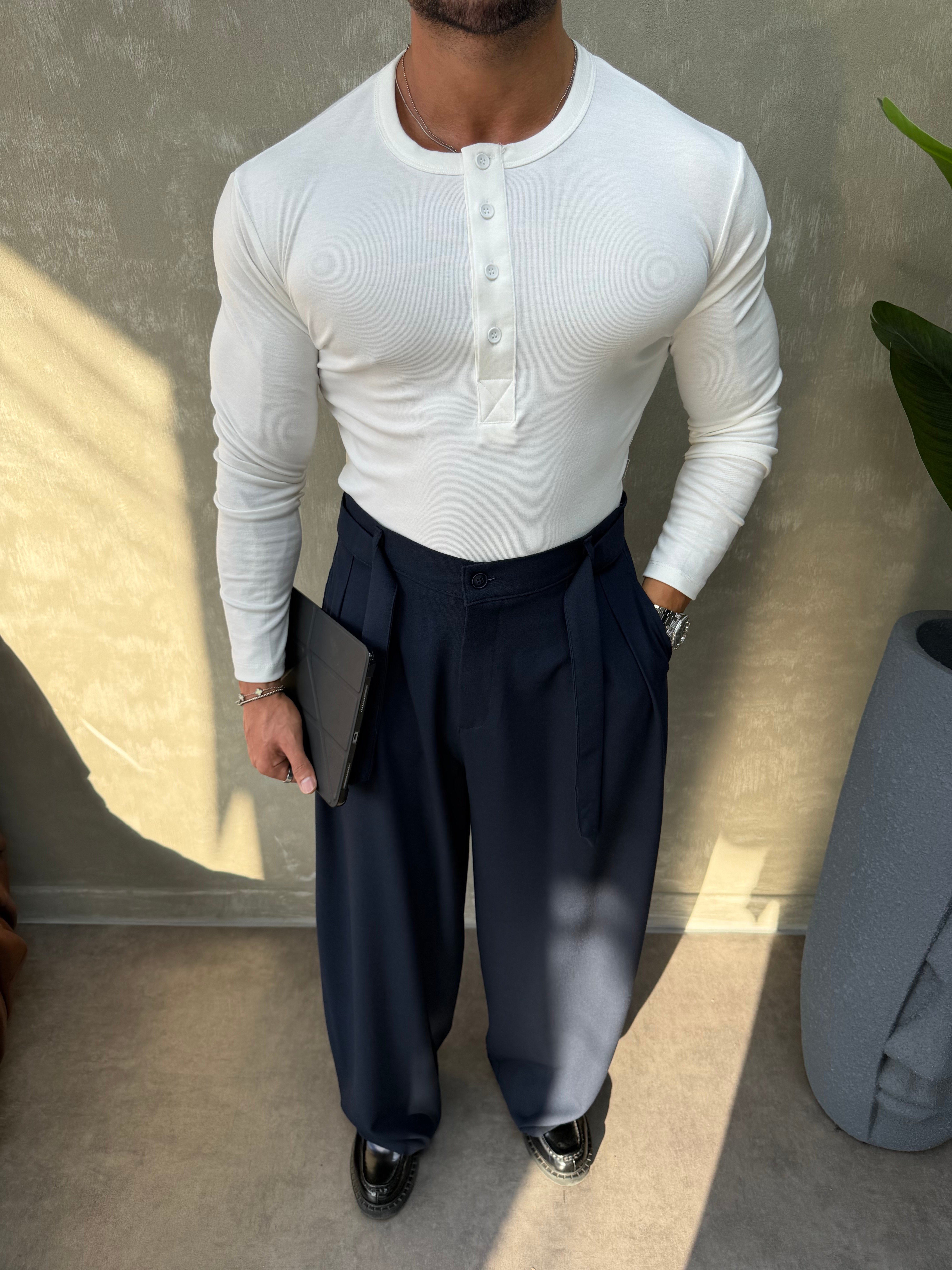 HENLEY YAKA UZUN KOLLU T-SHİRT BEYAZ