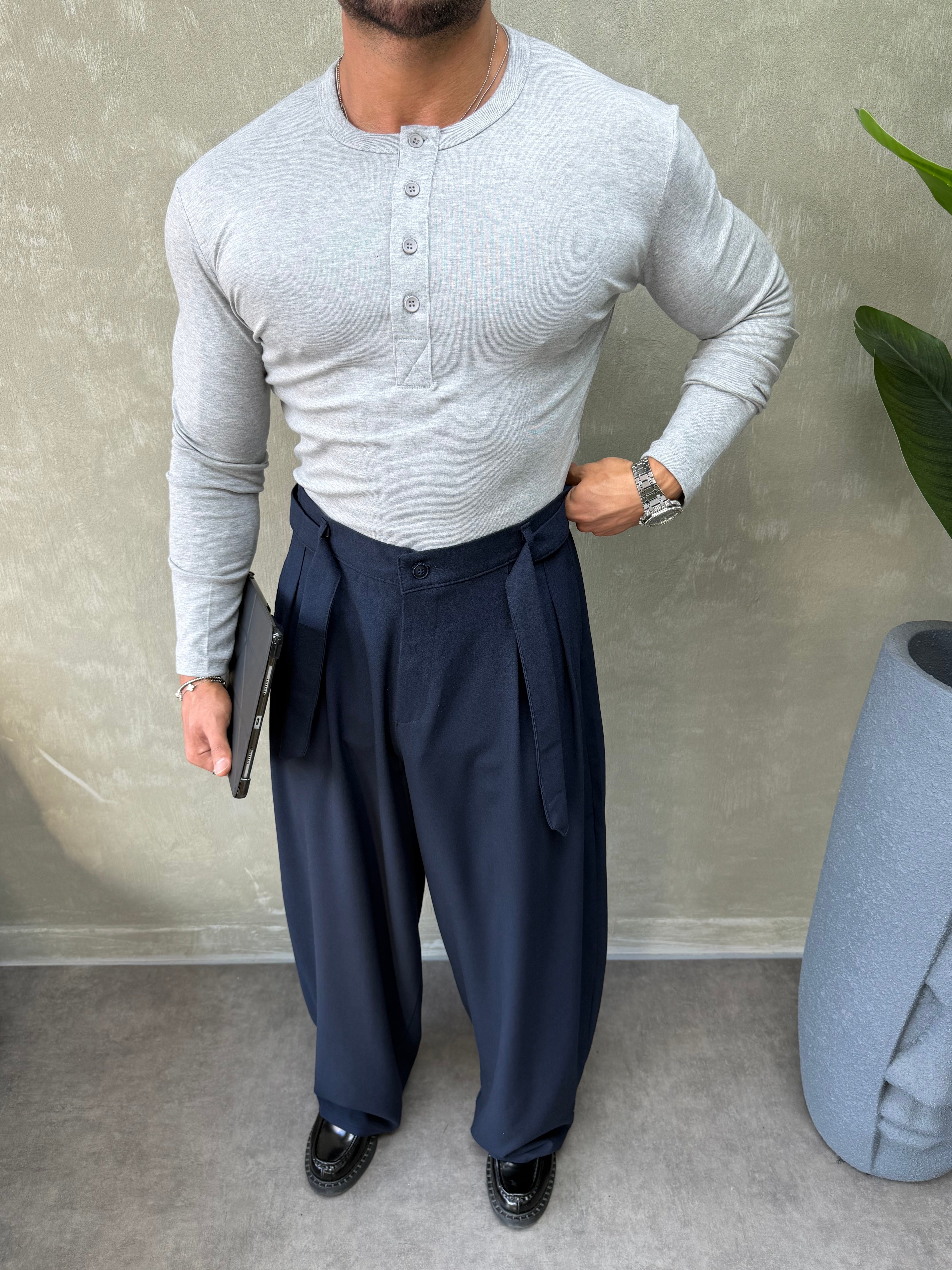 HENLEY YAKA UZUN KOLLU T-SHİRT GRİ 