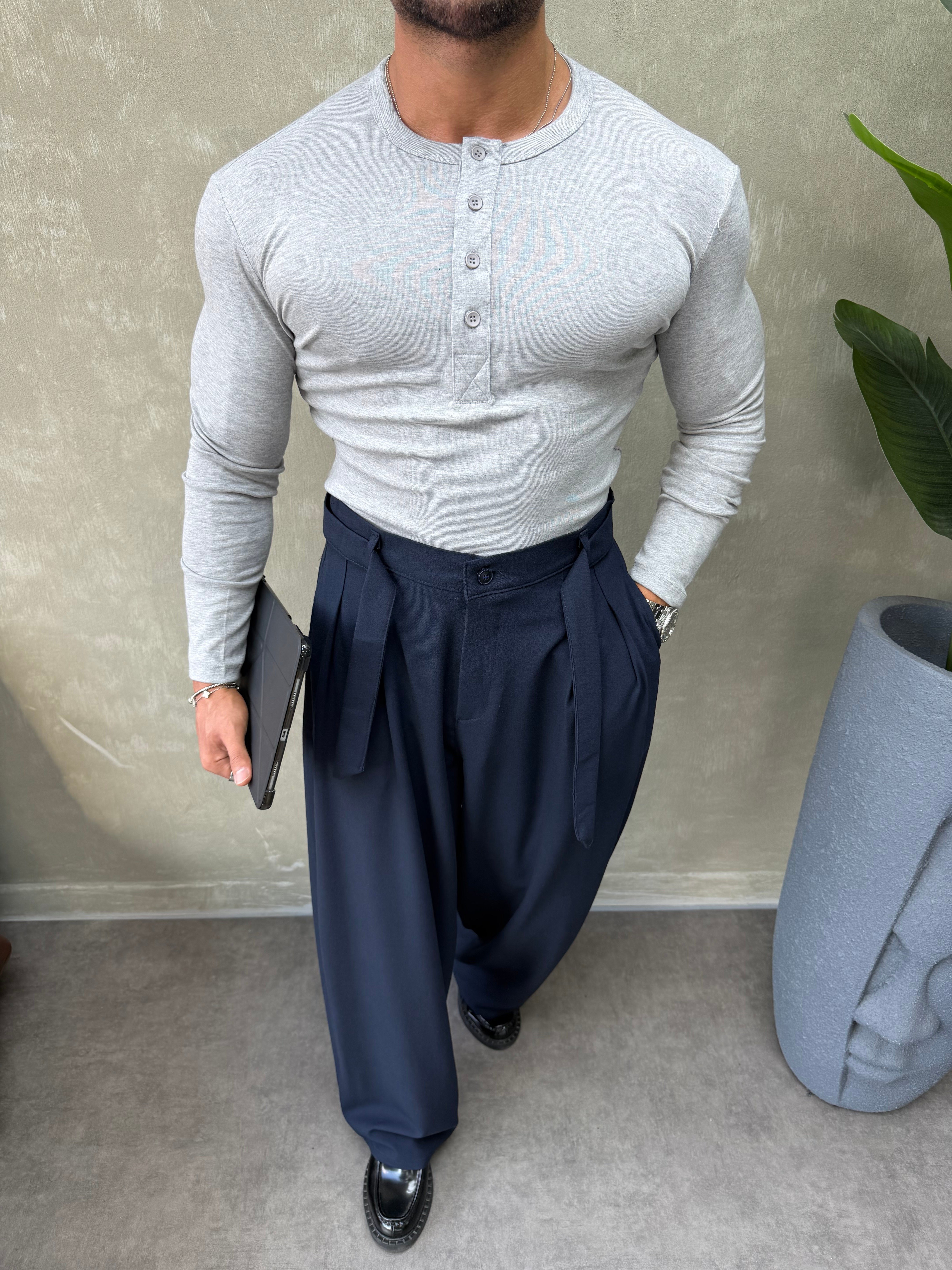 HENLEY YAKA UZUN KOLLU T-SHİRT GRİ 