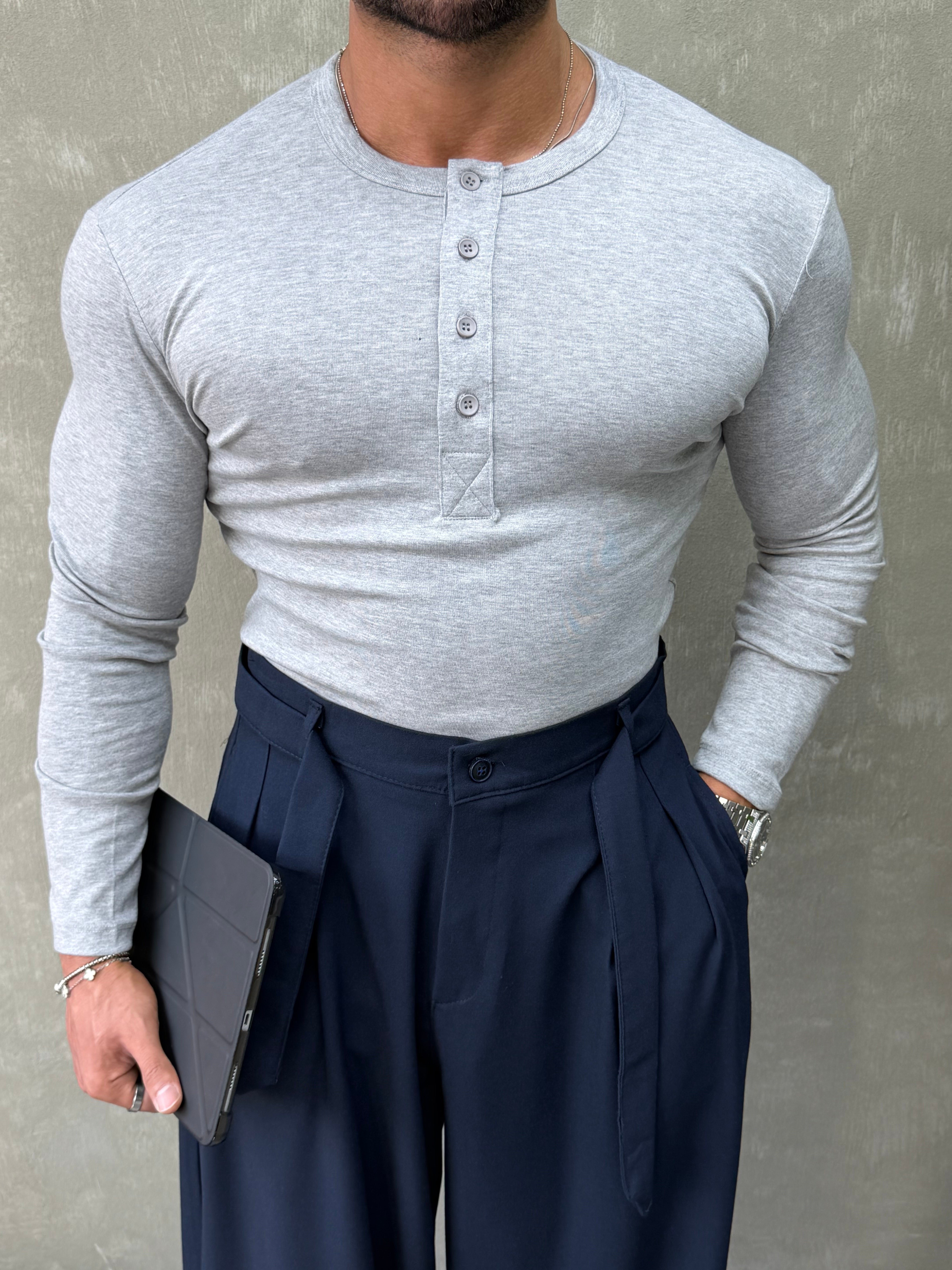 HENLEY YAKA UZUN KOLLU T-SHİRT GRİ 