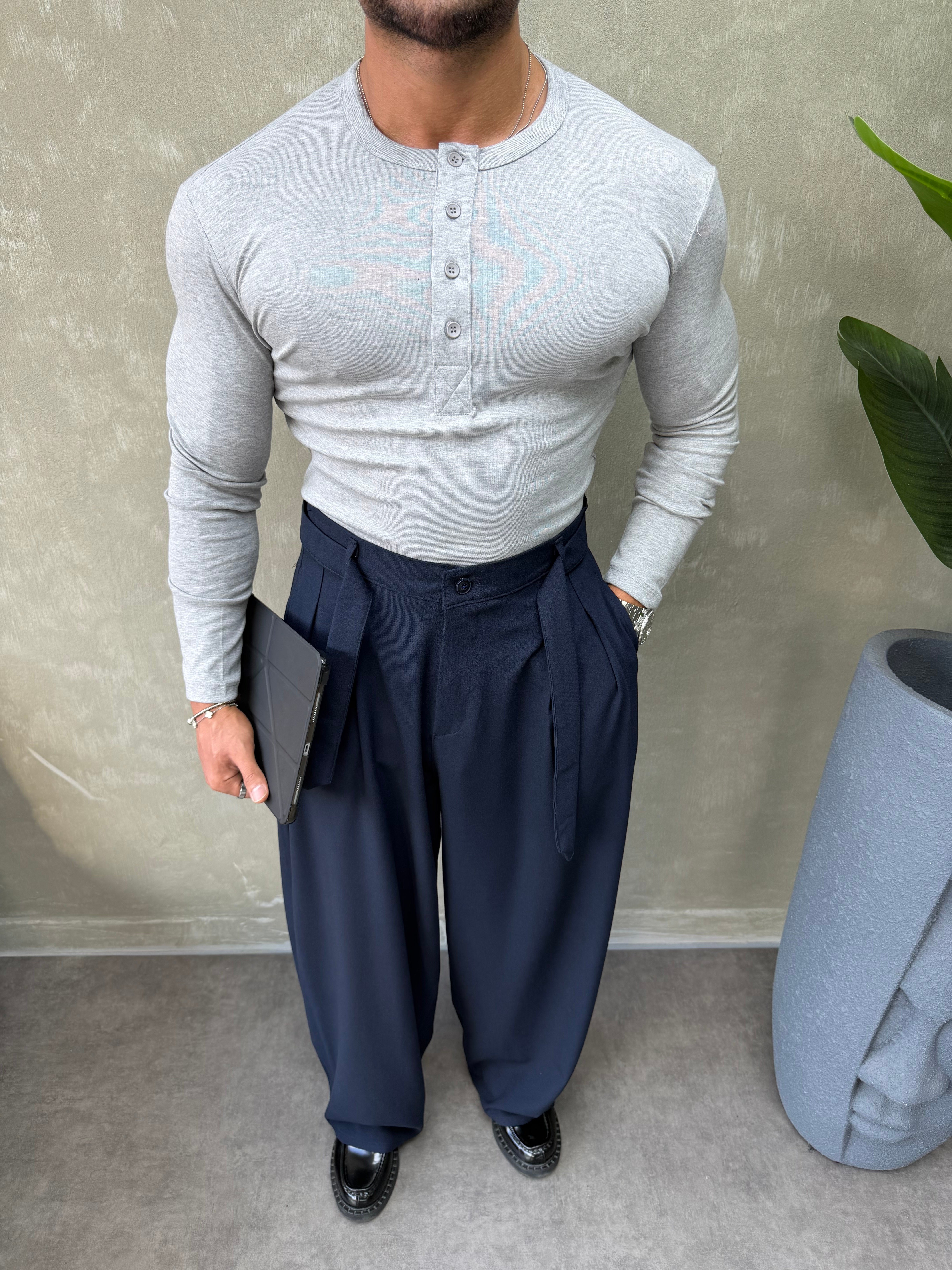 HENLEY YAKA UZUN KOLLU T-SHİRT GRİ 