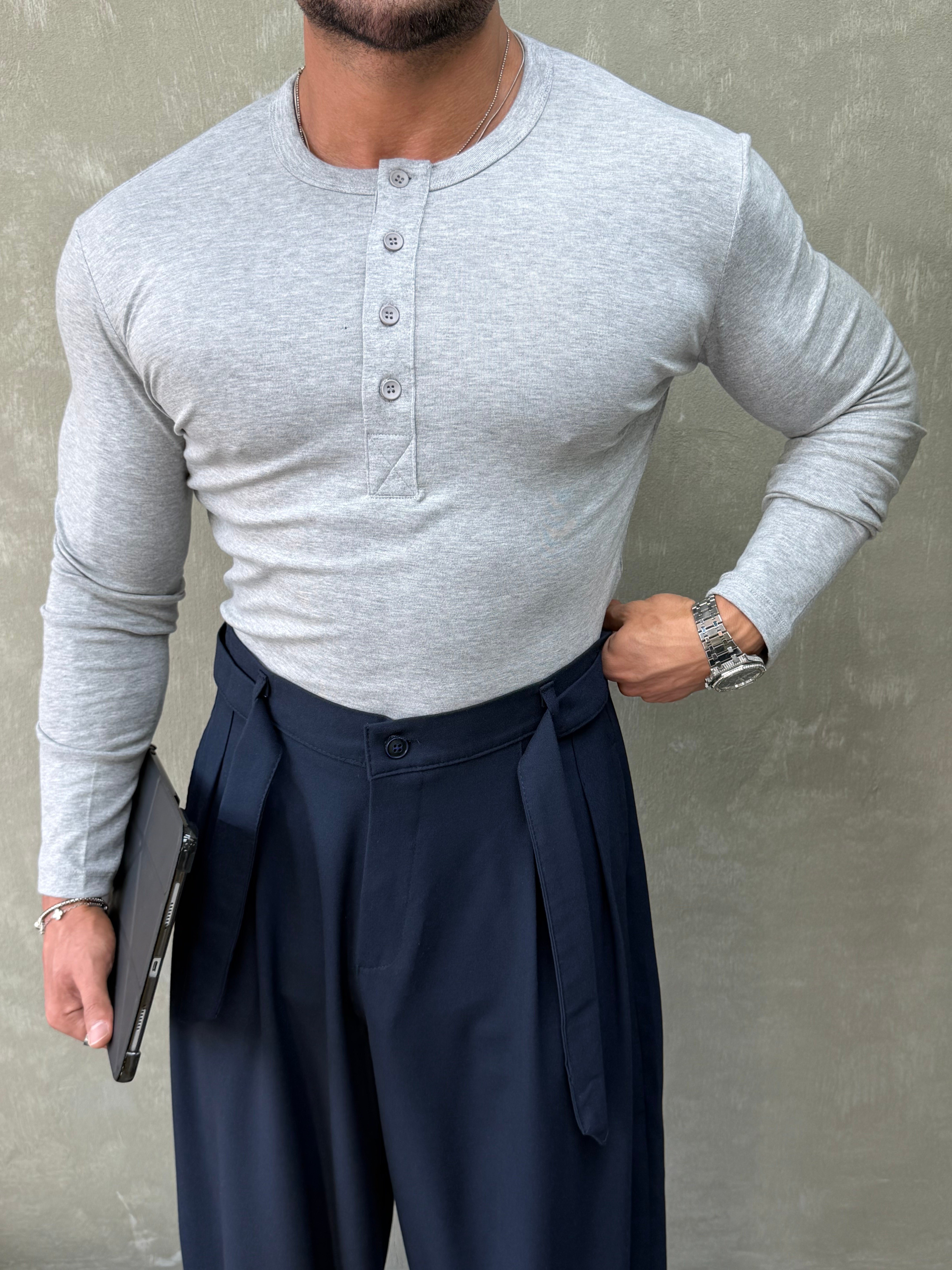 HENLEY YAKA UZUN KOLLU T-SHİRT GRİ 