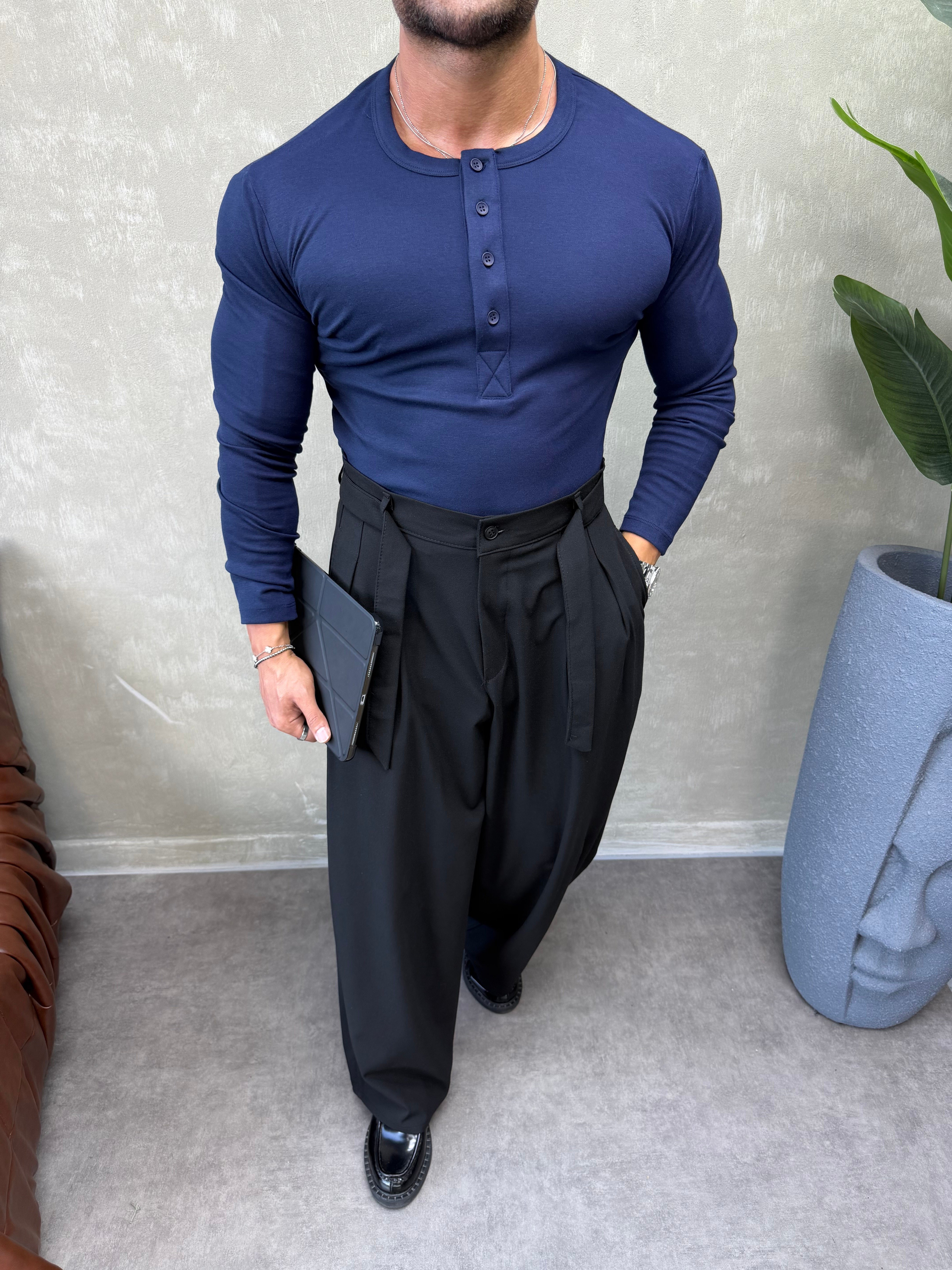 HENLEY YAKA UZUN KOLLU T-SHİRT LACİVERT 