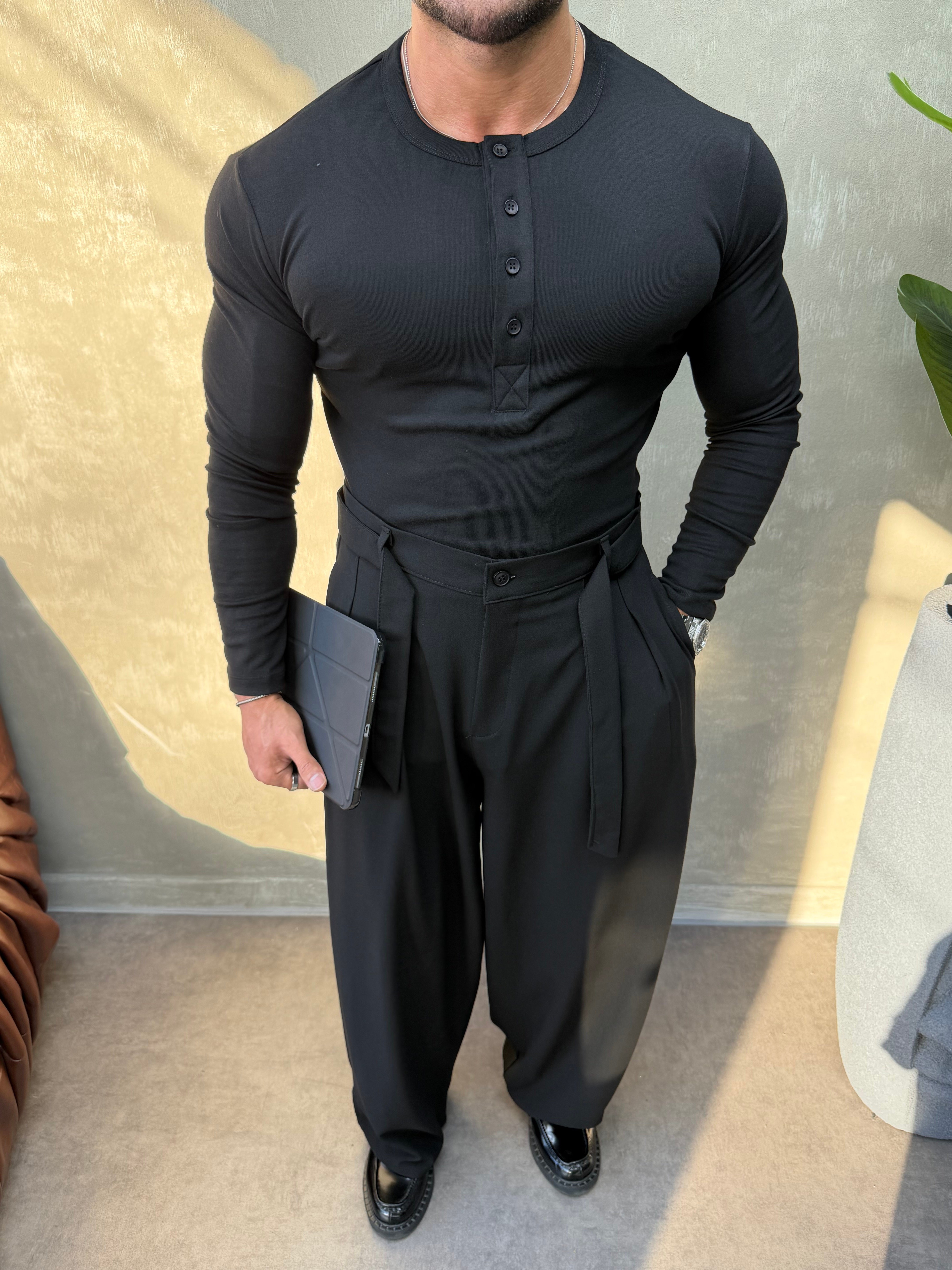 HENLEY YAKA UZUN KOLLU T-SHİRT SİYAH