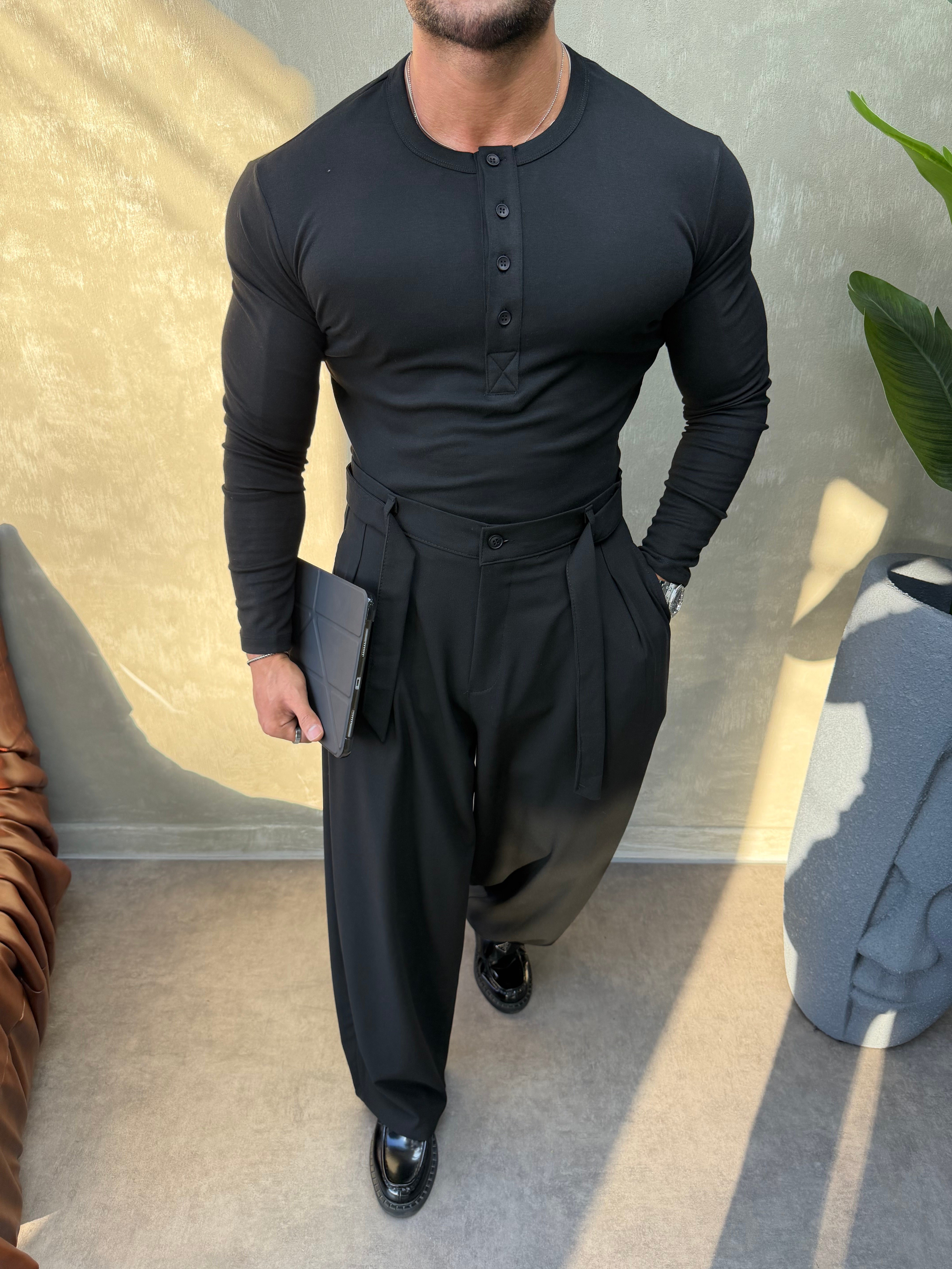 HENLEY YAKA UZUN KOLLU T-SHİRT SİYAH