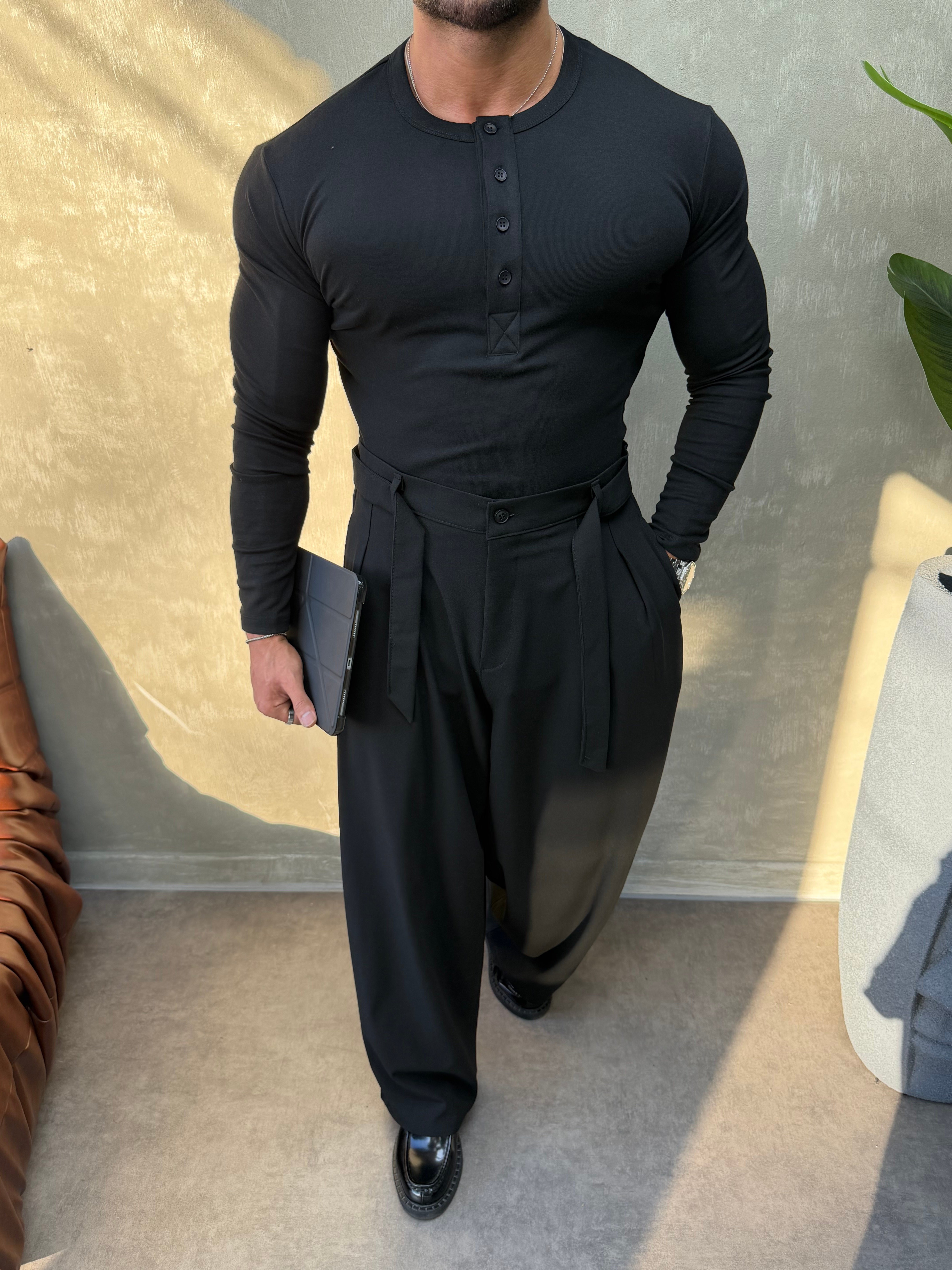 HENLEY YAKA UZUN KOLLU T-SHİRT SİYAH