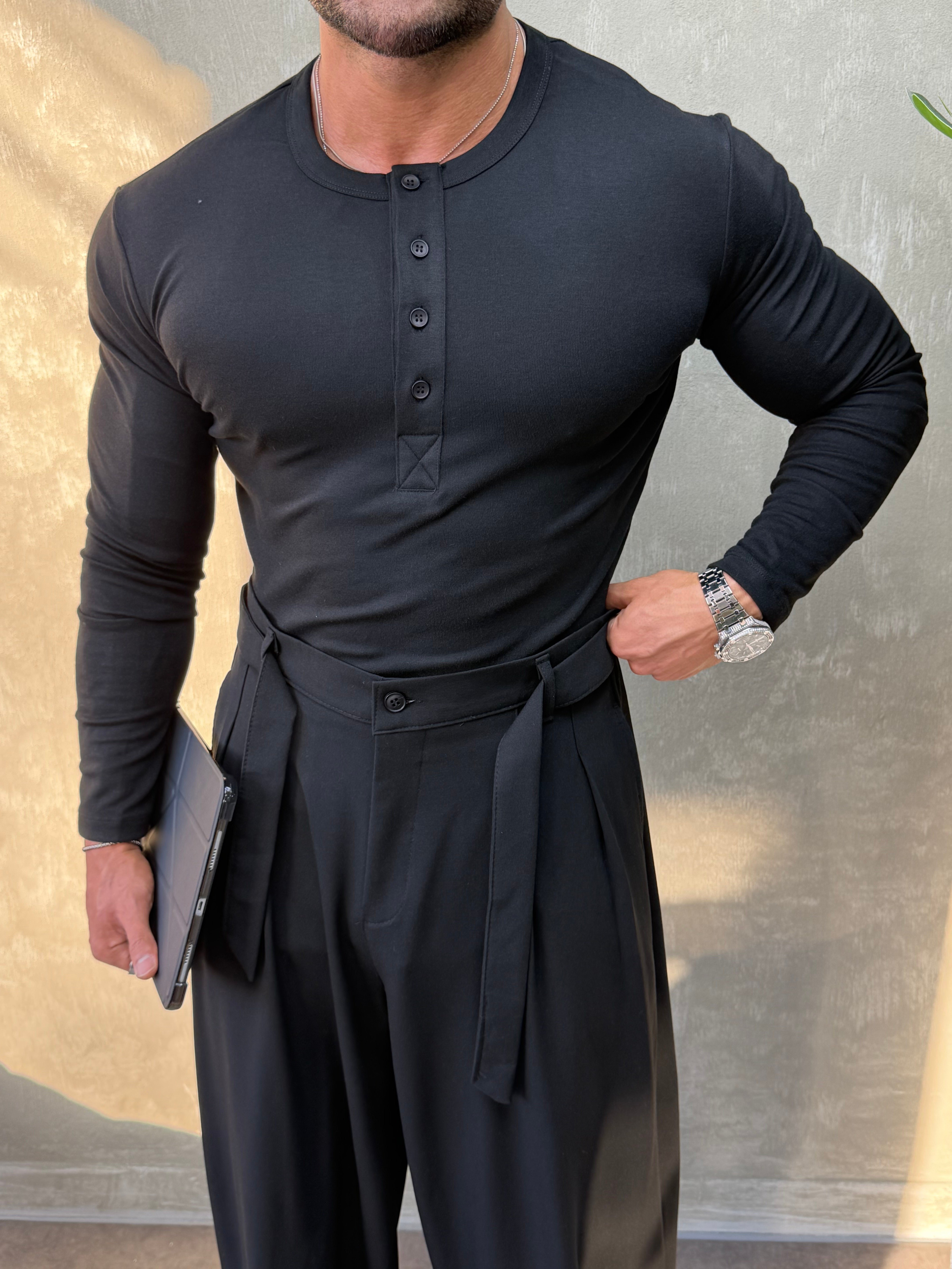 HENLEY YAKA UZUN KOLLU T-SHİRT SİYAH