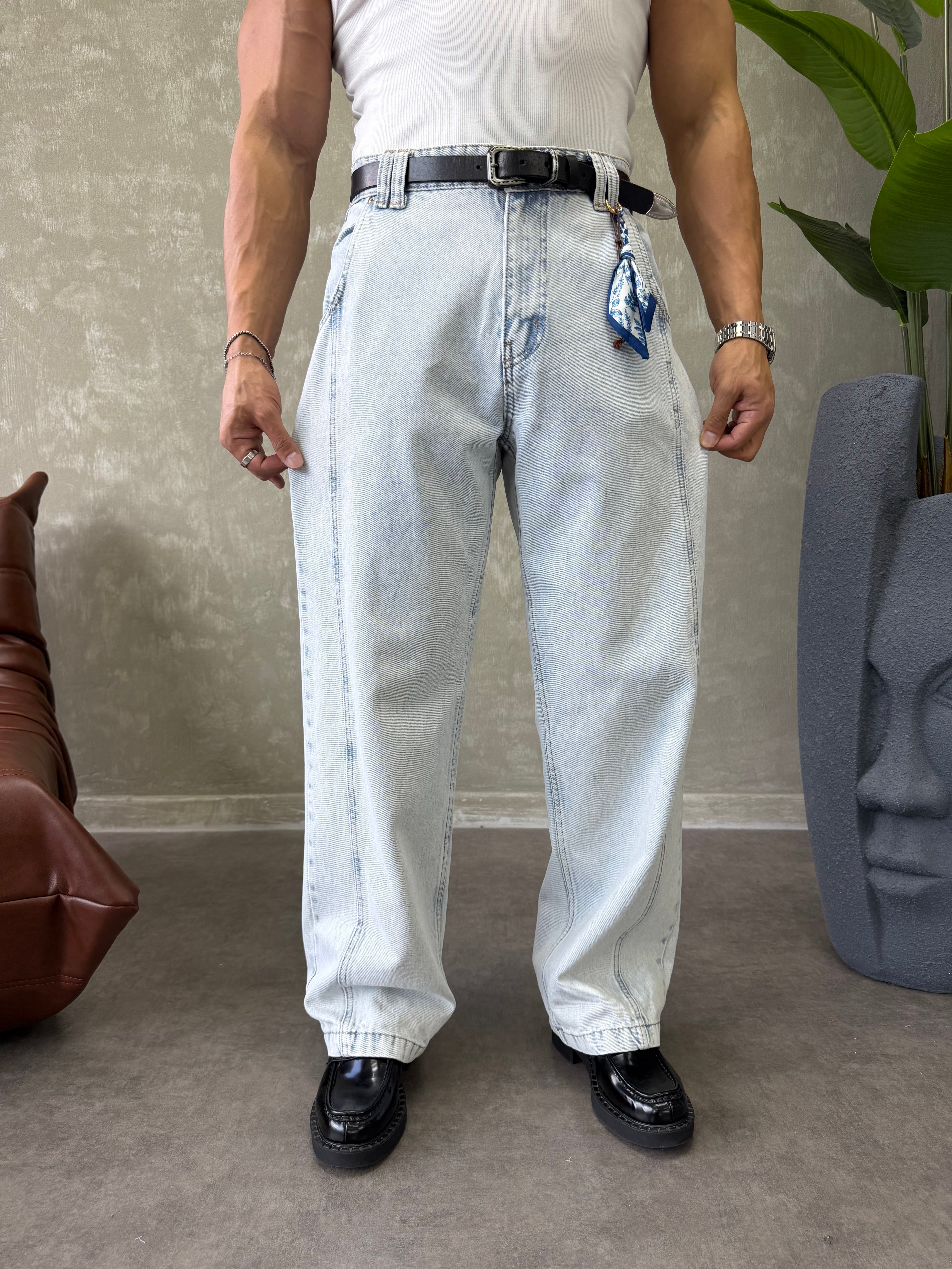 KONTRAST DİKİŞLİ TASARIM BAGGY JEAN BUZ MAVİSİ