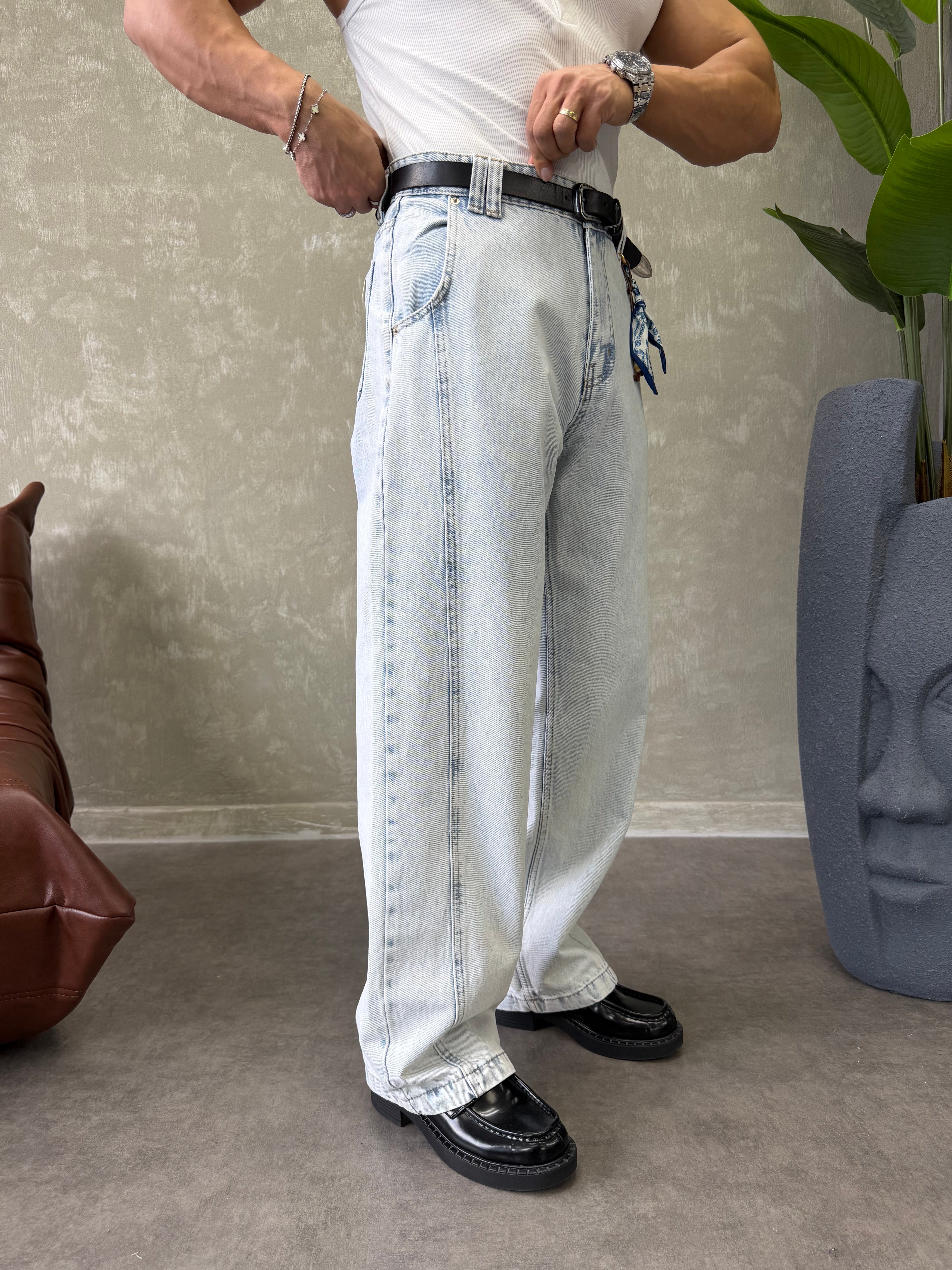 KONTRAST DİKİŞLİ TASARIM BAGGY JEAN BUZ MAVİSİ