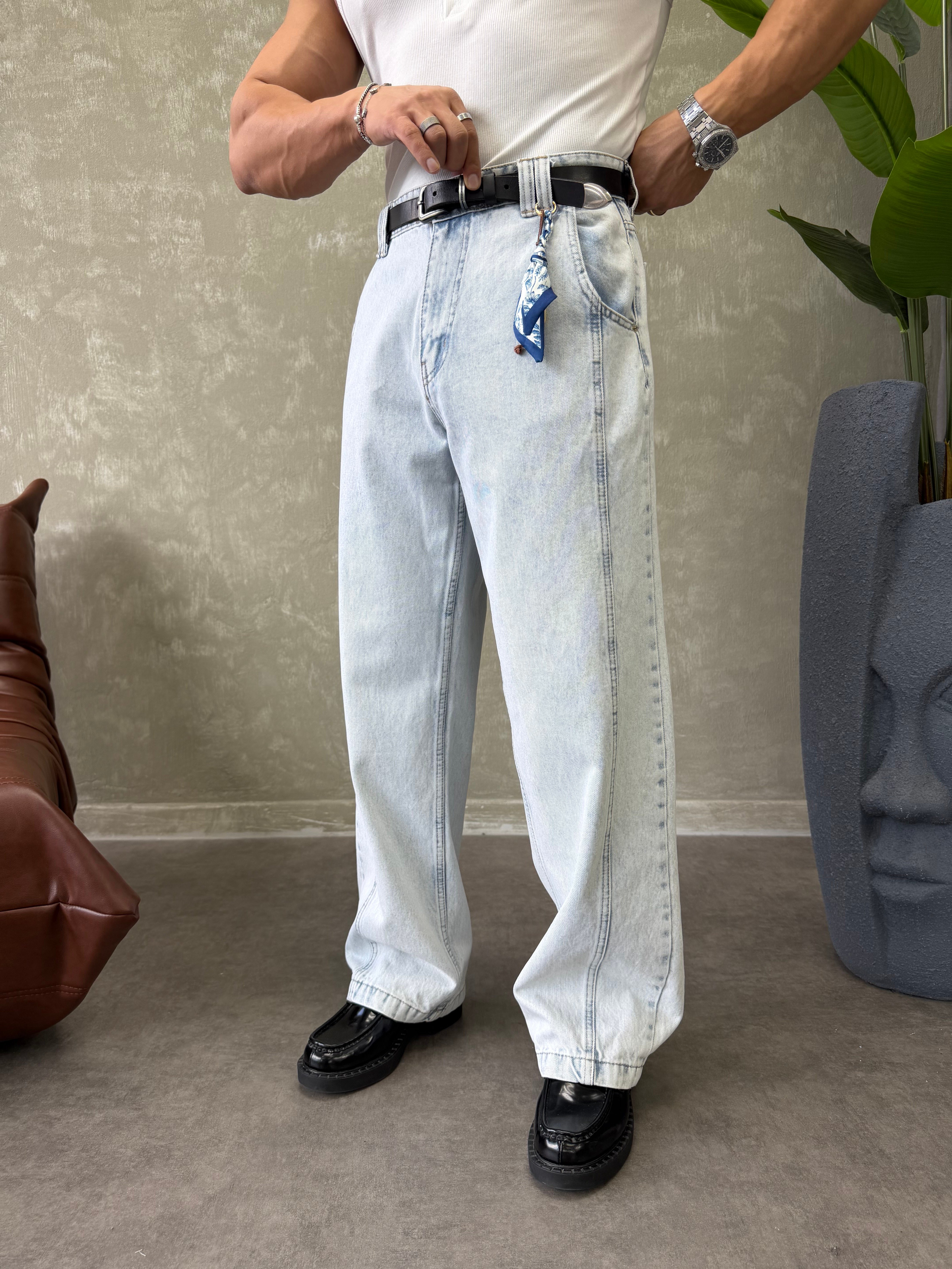 KONTRAST DİKİŞLİ TASARIM BAGGY JEAN BUZ MAVİSİ