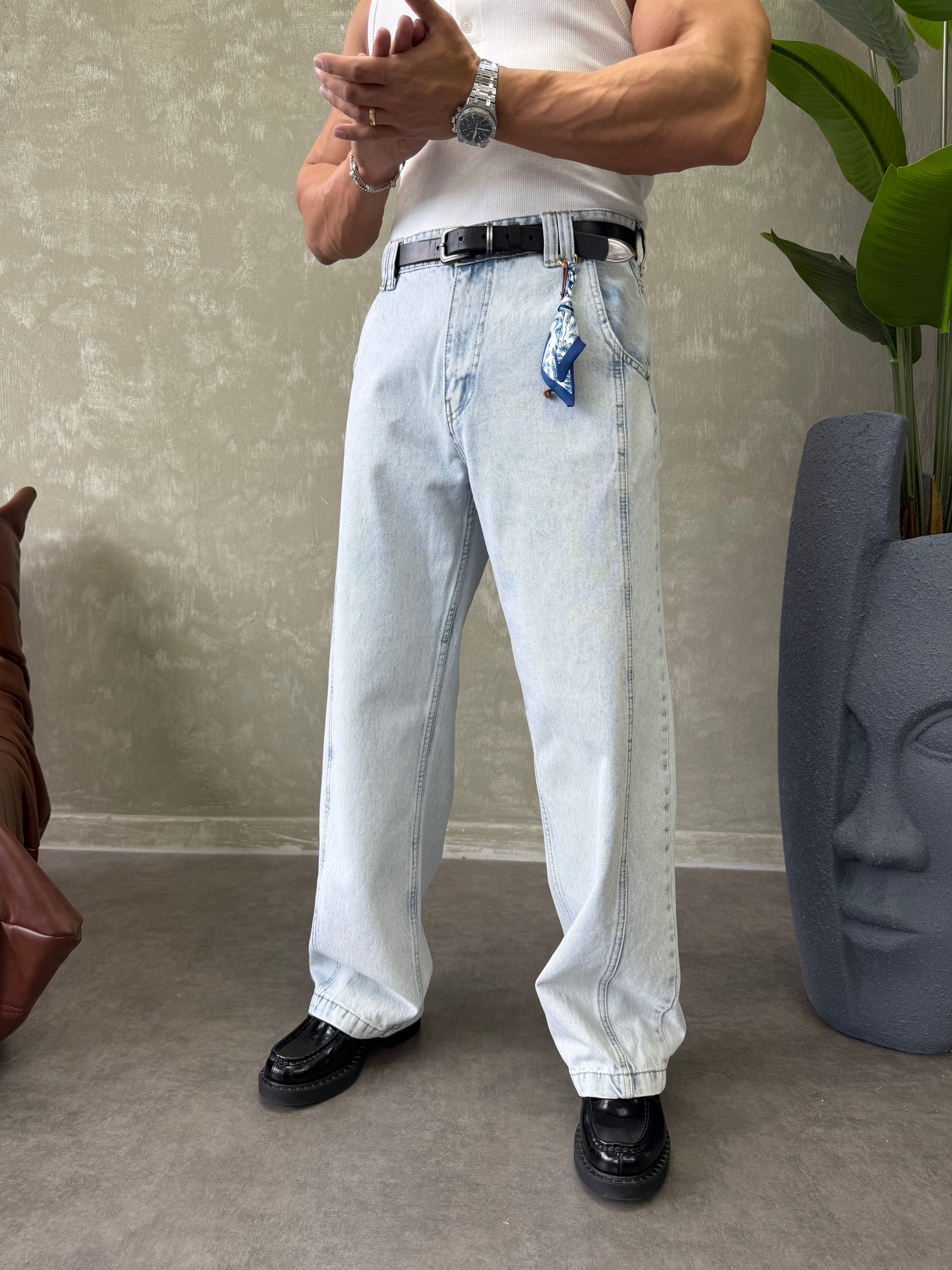 KONTRAST DİKİŞLİ TASARIM BAGGY JEAN BUZ MAVİSİ