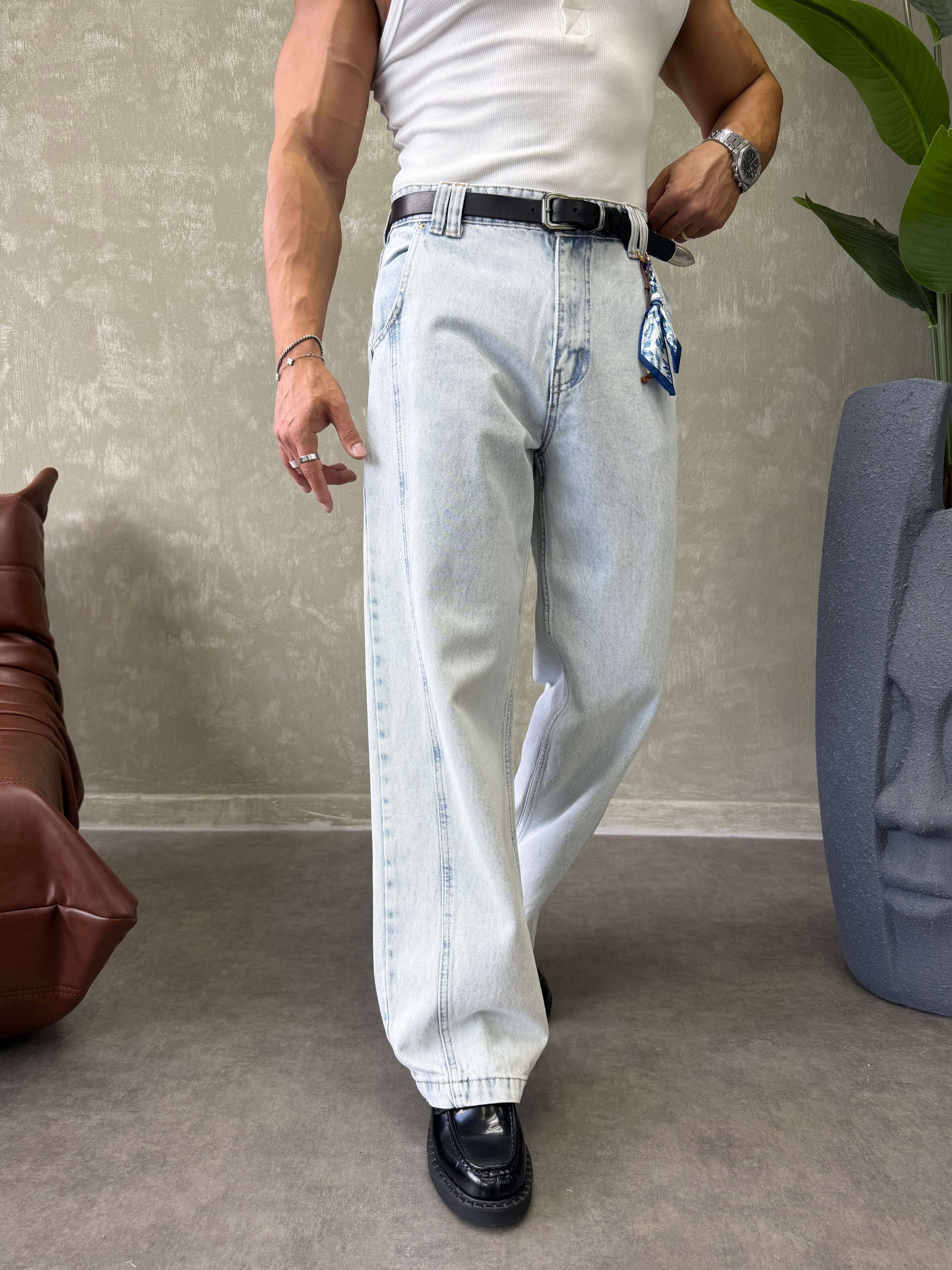 KONTRAST DİKİŞLİ TASARIM BAGGY JEAN BUZ MAVİSİ