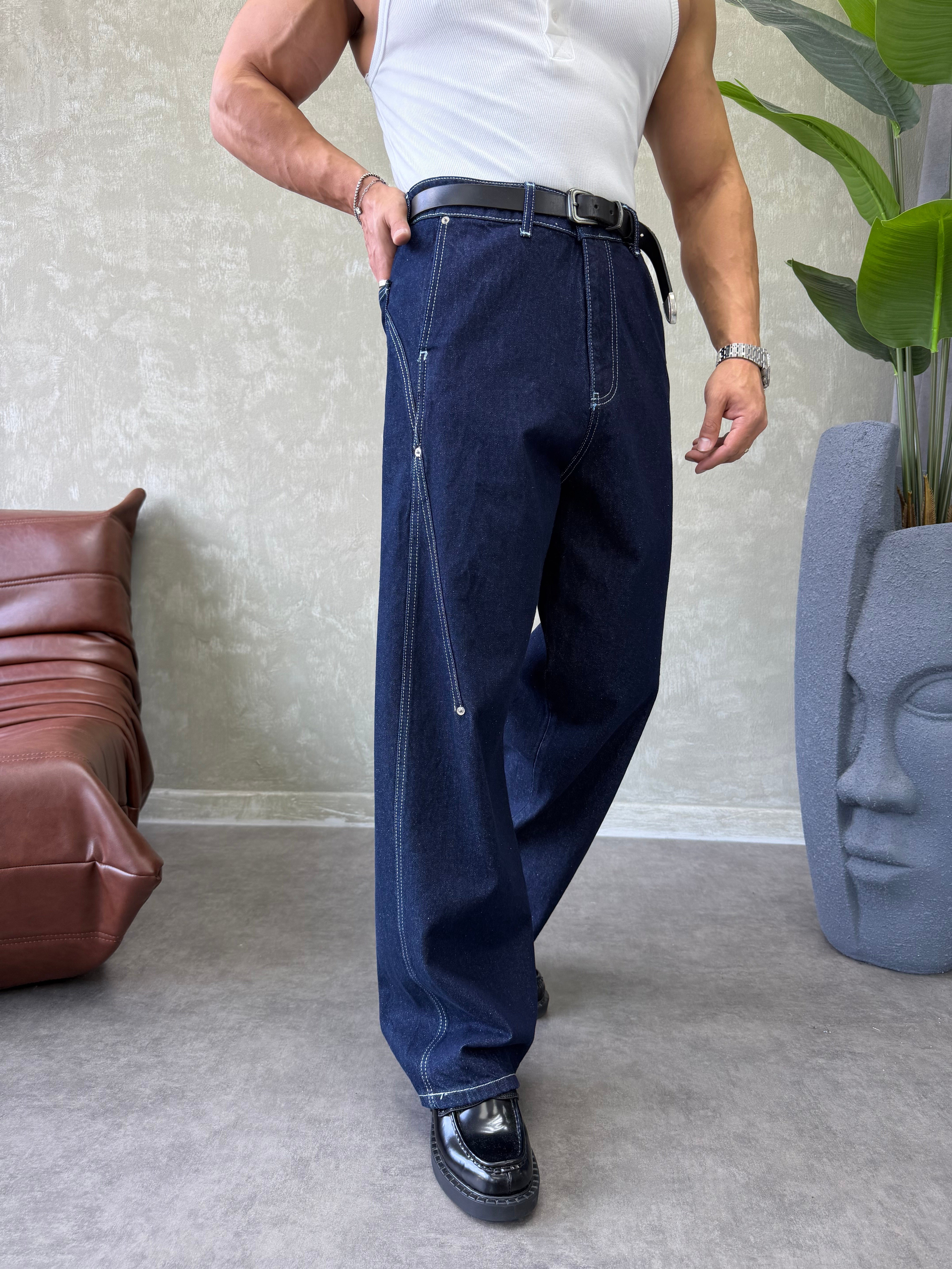 KONTRAST DİKİŞLİ TASARIM BAGGY JEAN LACİVERT