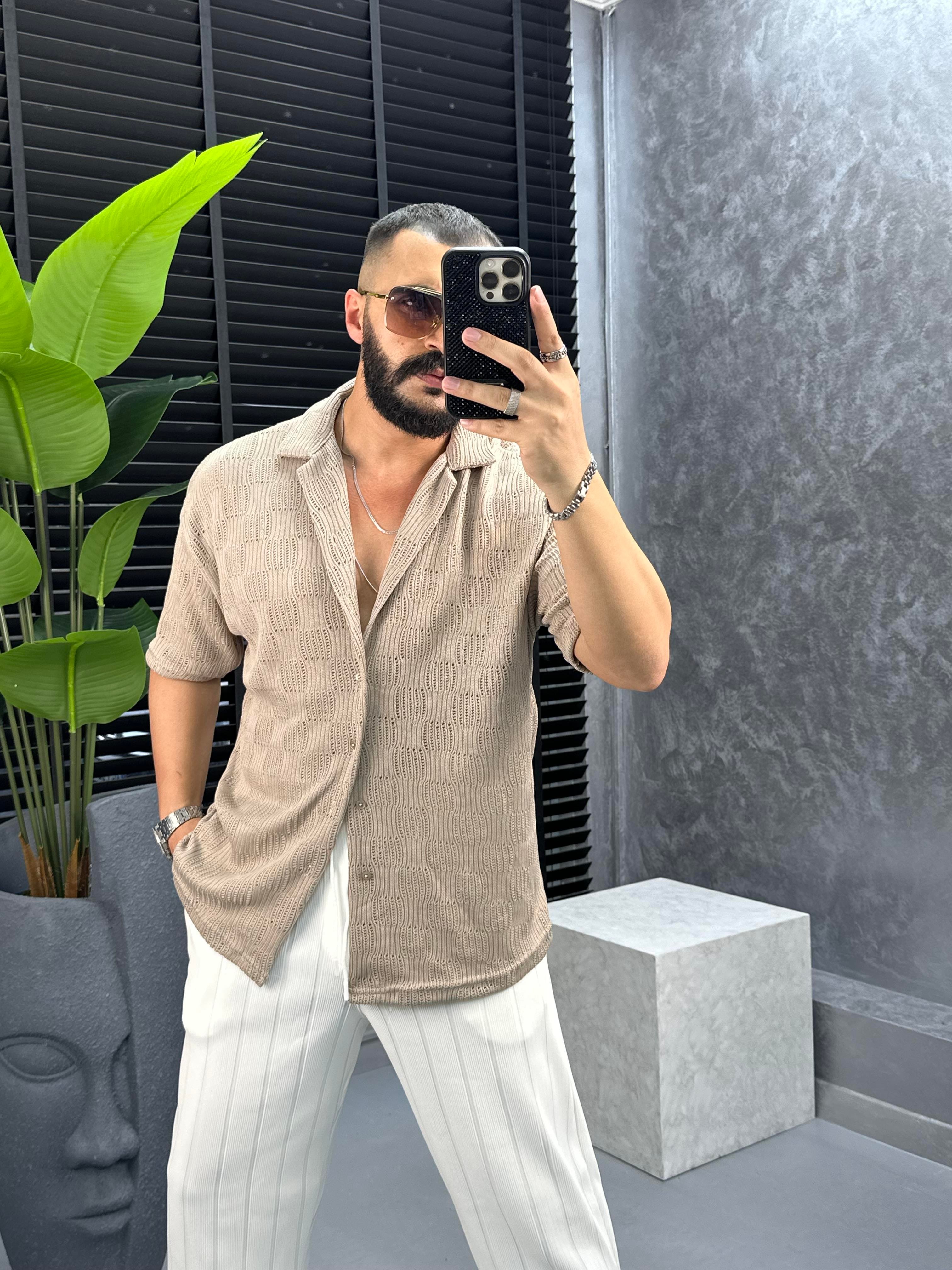 örme desenli kısa kol gömlek bej