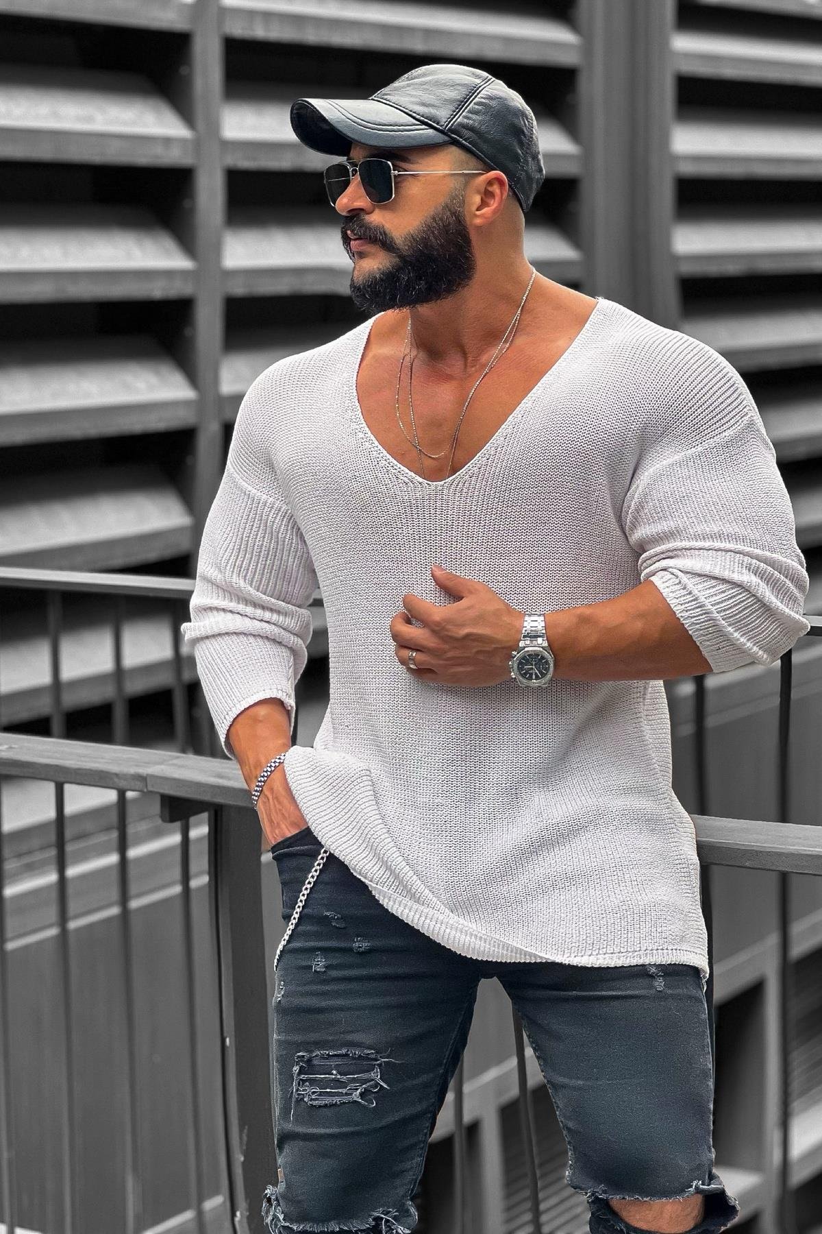 oversize açık yaka triko beyaz