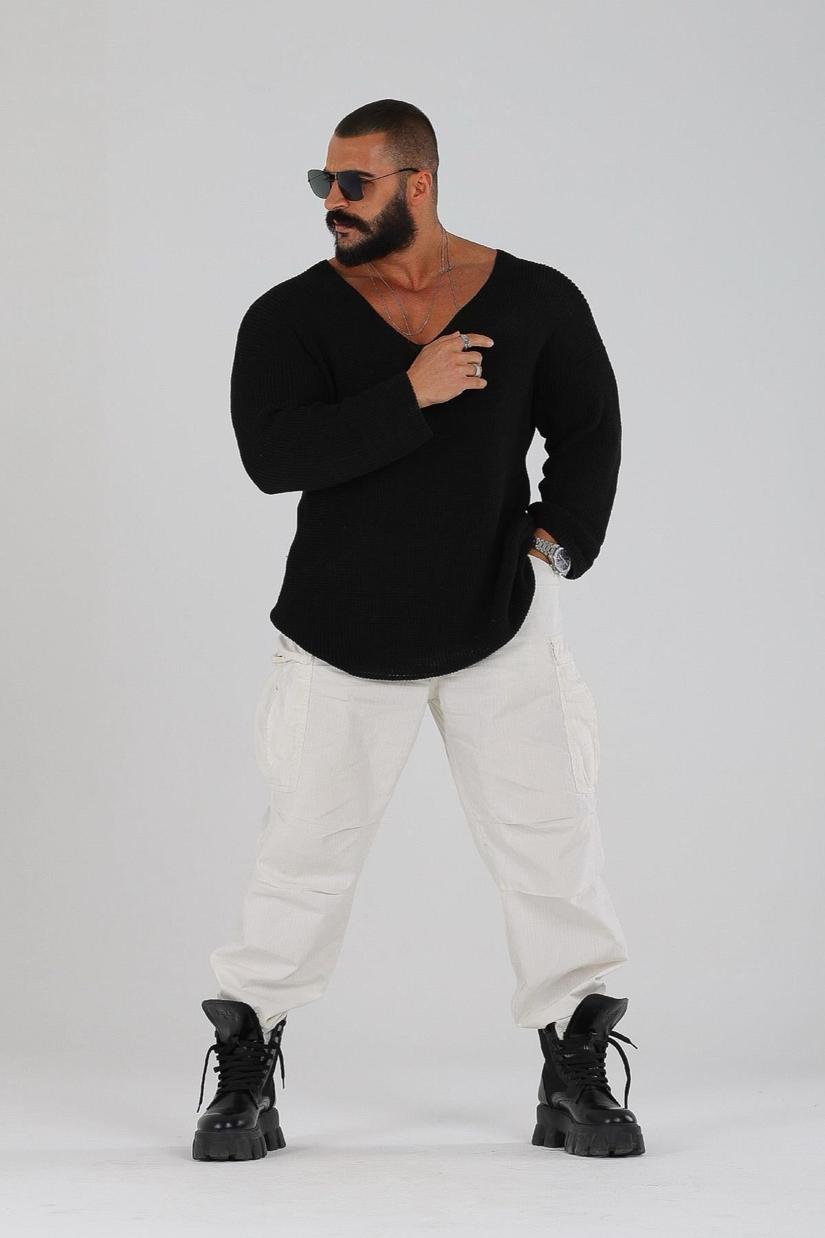 oversize açık yaka triko siyah