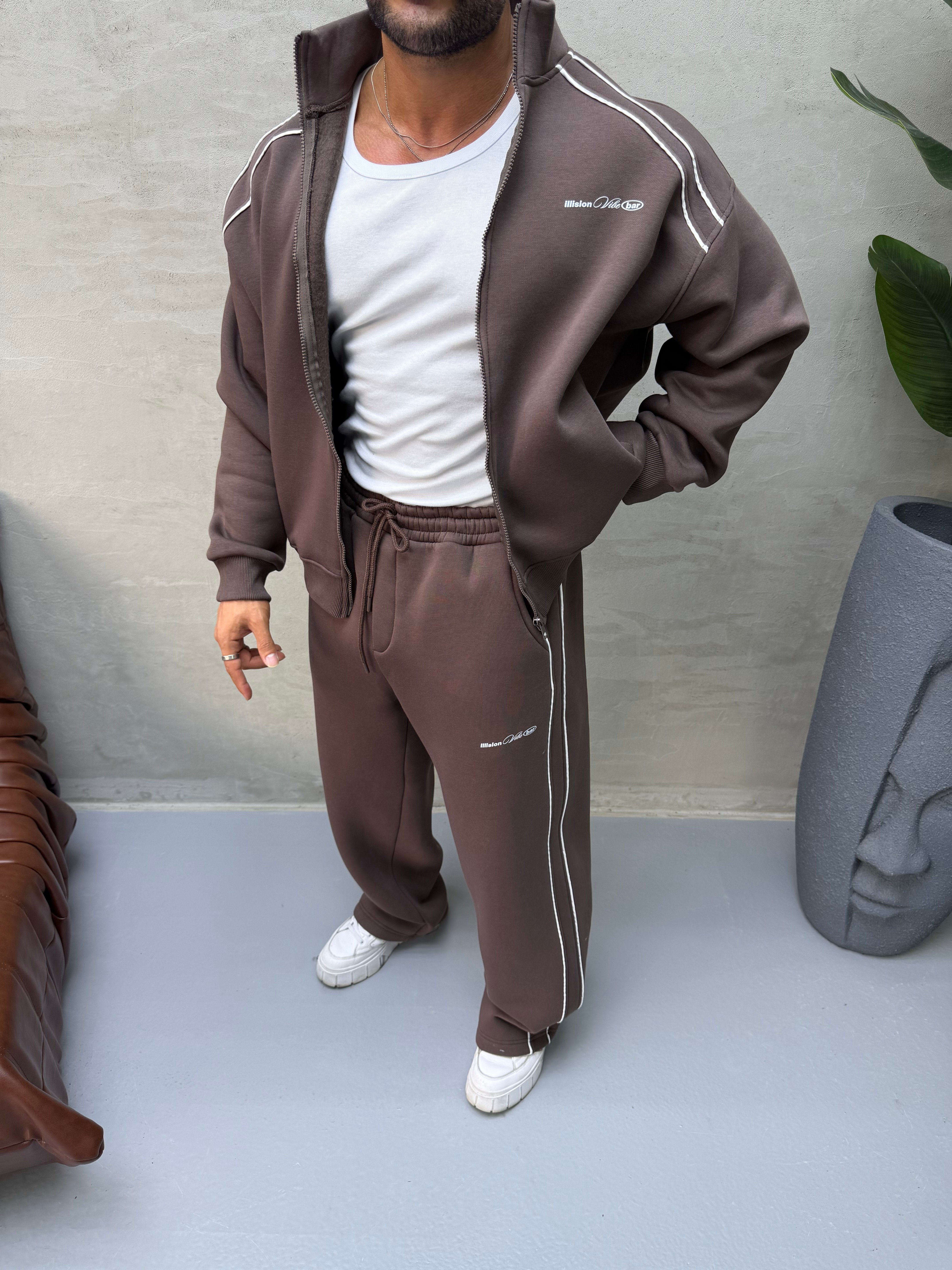 OVERSIZE ÇİFT BİYE DETAYLI EŞOFMAN TAKIMI KAHVERENGİ 