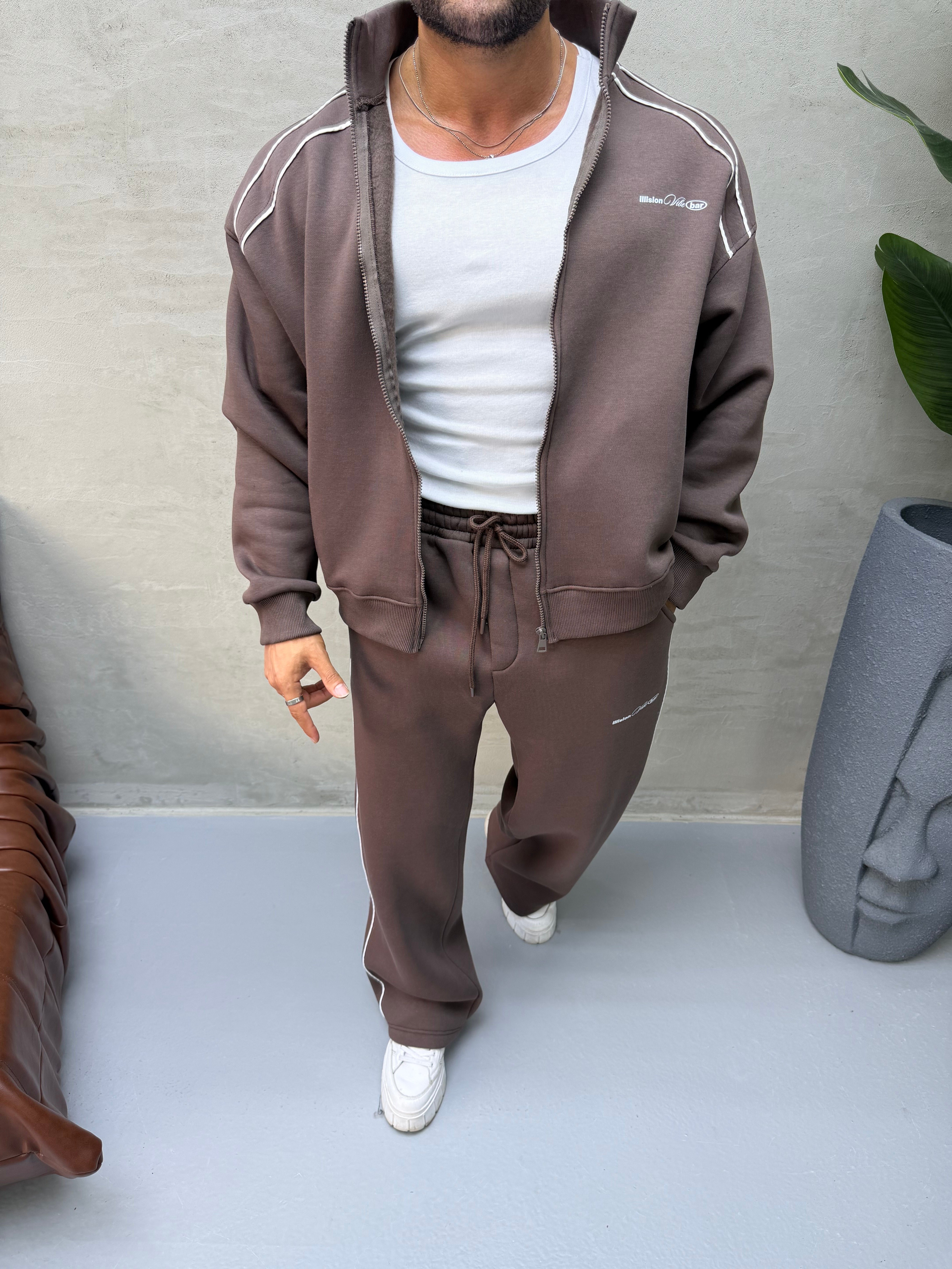 OVERSIZE ÇİFT BİYE DETAYLI EŞOFMAN TAKIMI KAHVERENGİ 