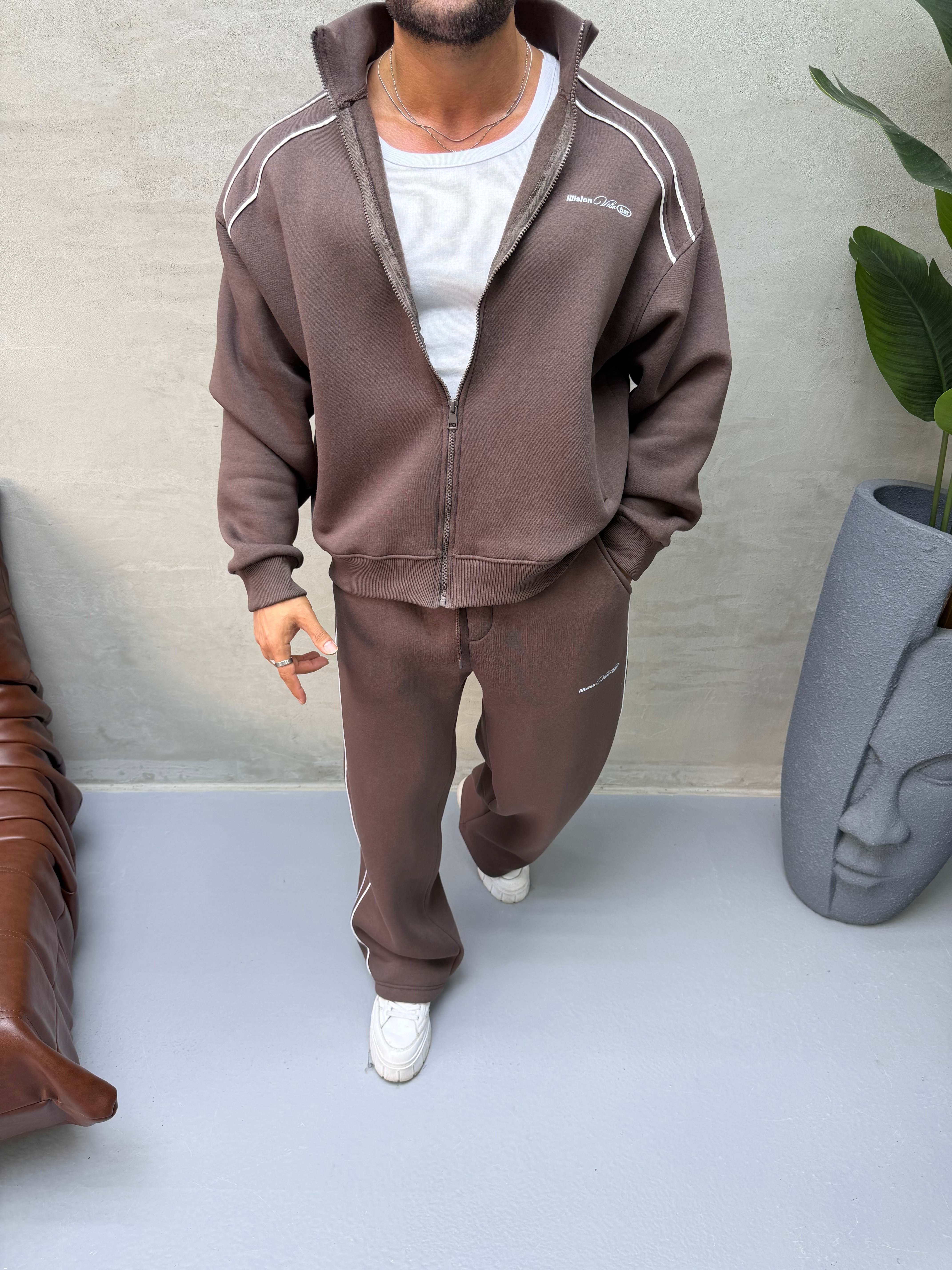OVERSIZE ÇİFT BİYE DETAYLI EŞOFMAN TAKIMI KAHVERENGİ 